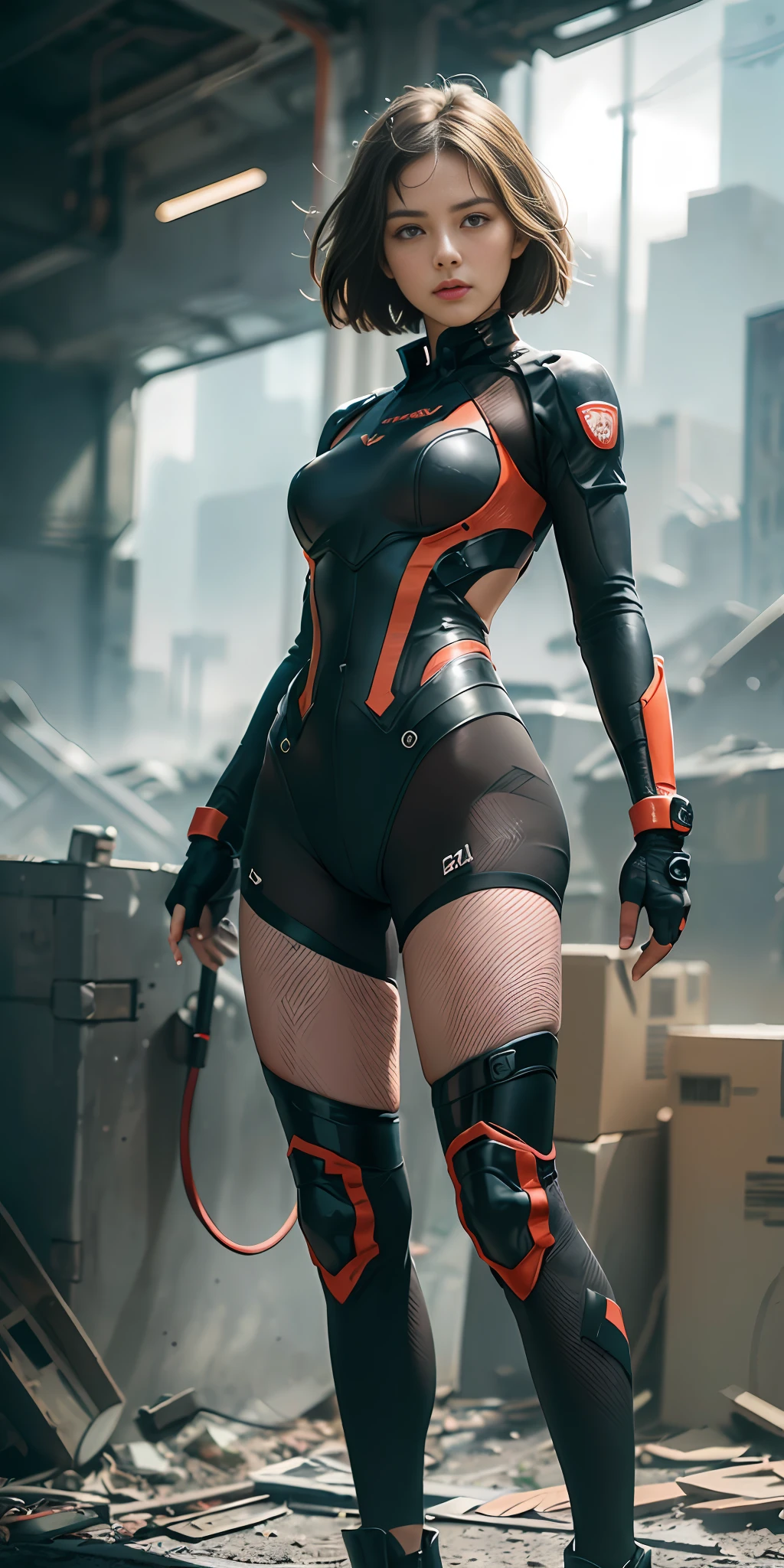 (1girl:1.3), Solo, (((Very detailed face)))), ((Very detailed eyes and face)))), Beautiful detail eyes, Body parts__, Official art, Unified 8k wallpaper, Super detailed, beautiful and beautiful, beautiful, masterpiece, best quality, original, masterpiece, super fine photo, best quality, super high resolution, realistic realism, sunlight, full body portrait, amazing beauty, dynamic pose, delicate face, vibrant eyes, (from the front), She wears a combat suit, red and black color scheme, women's uniform, very detailed abandoned warehouse background, detailed face, detailed complex busy background, messy, gorgeous, milky white, highly detailed skin, realistic skin details, visible pores, clear focus, volumetric fog, 8k uhd, DSLR camera, high quality, film grain, fair skin, photo realism, lomography, futuristic dystopian giant metropolis, seen from below, translucent
