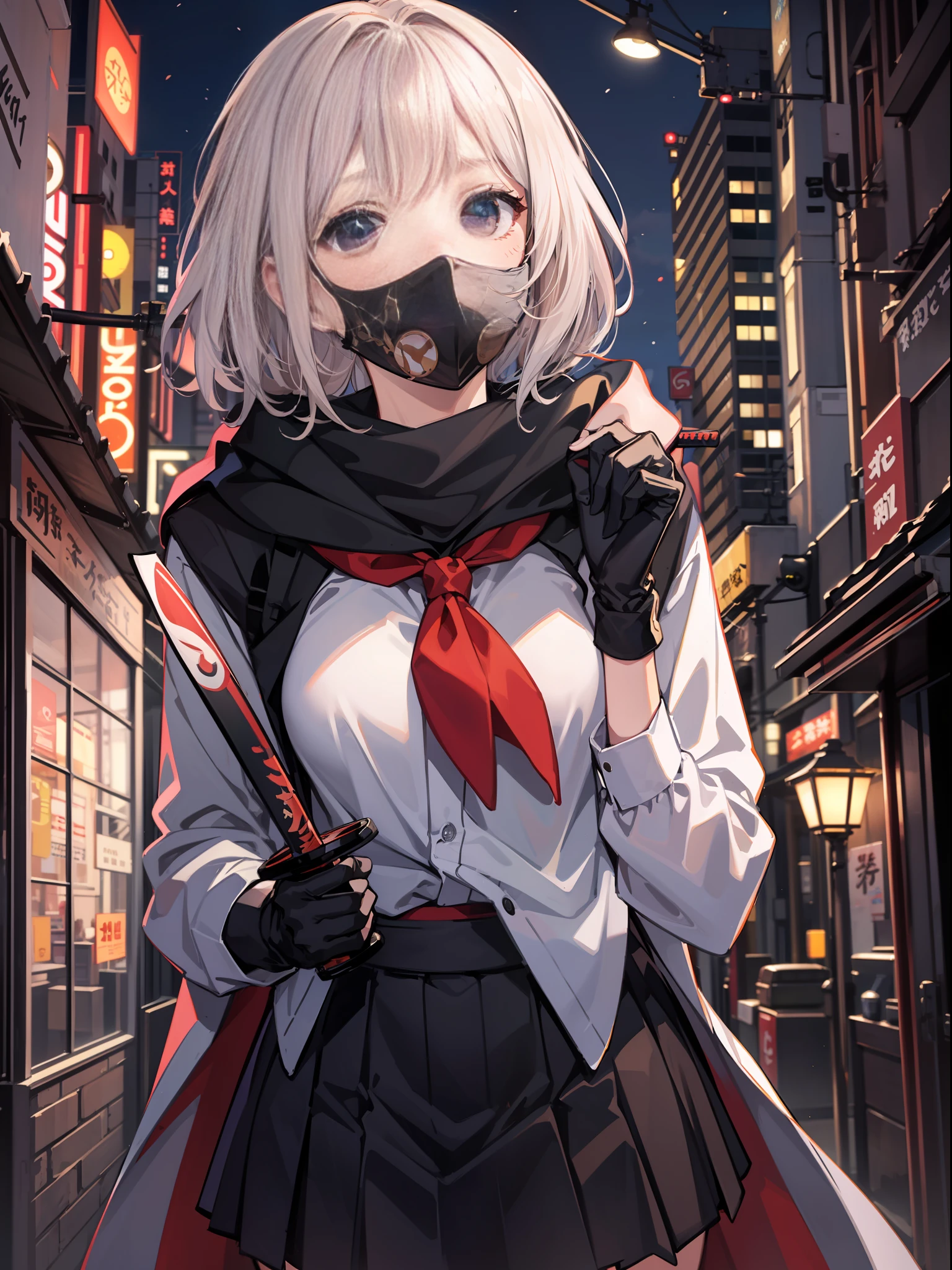 slender beautiful girl, schoolgirl, alone, mask, mask, high resolution, top quality, fine details, do not blush cheeks, knee high, holding a Japan sword in hand, long coat, night city