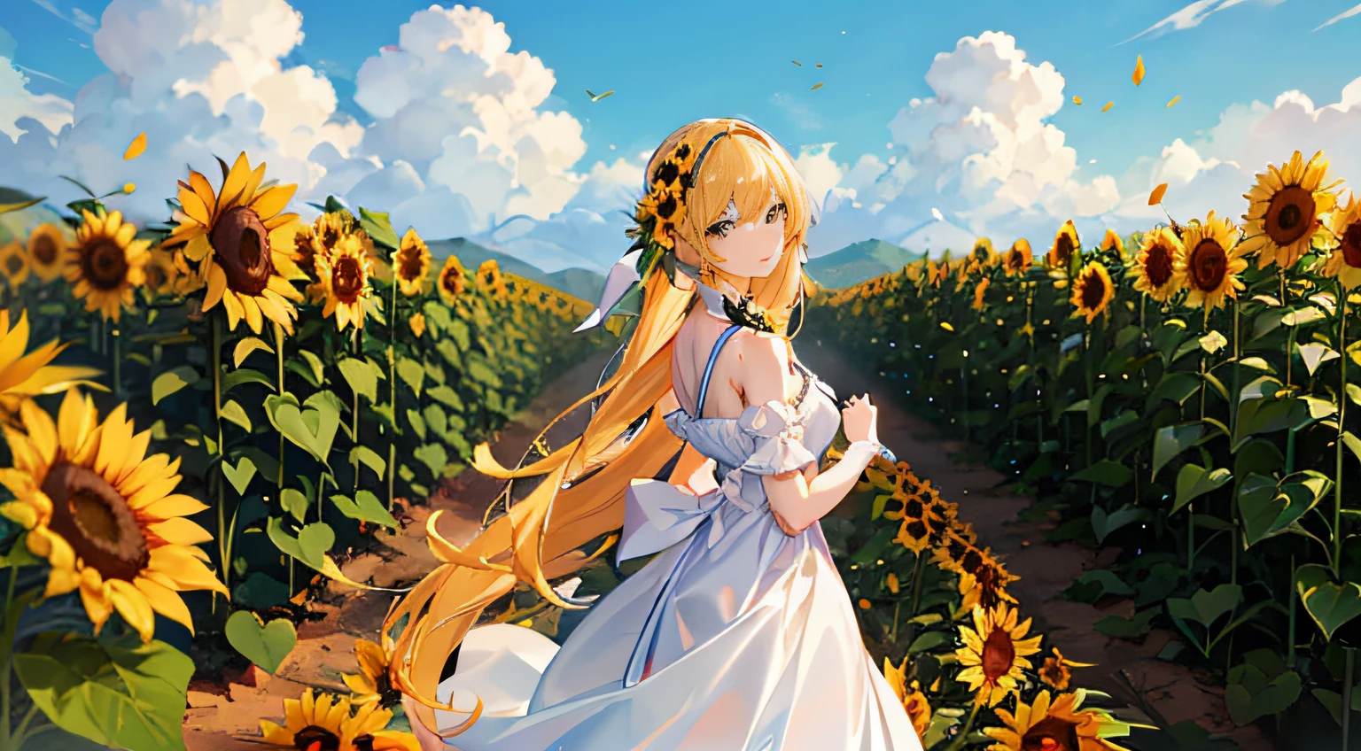 anime girl in a sunflower field with a bird on her shoulder, beautiful sunflower anime girl, scene : sunflower field, scene: sunflower field, pixiv contest winner, sunflower field, beautiful anime artwork, pixiv, digital art on pixiv, beautiful anime art, sunflowers, beautiful anime art style, in a field of flowers, zerochan art, colors : yellow sunflowers