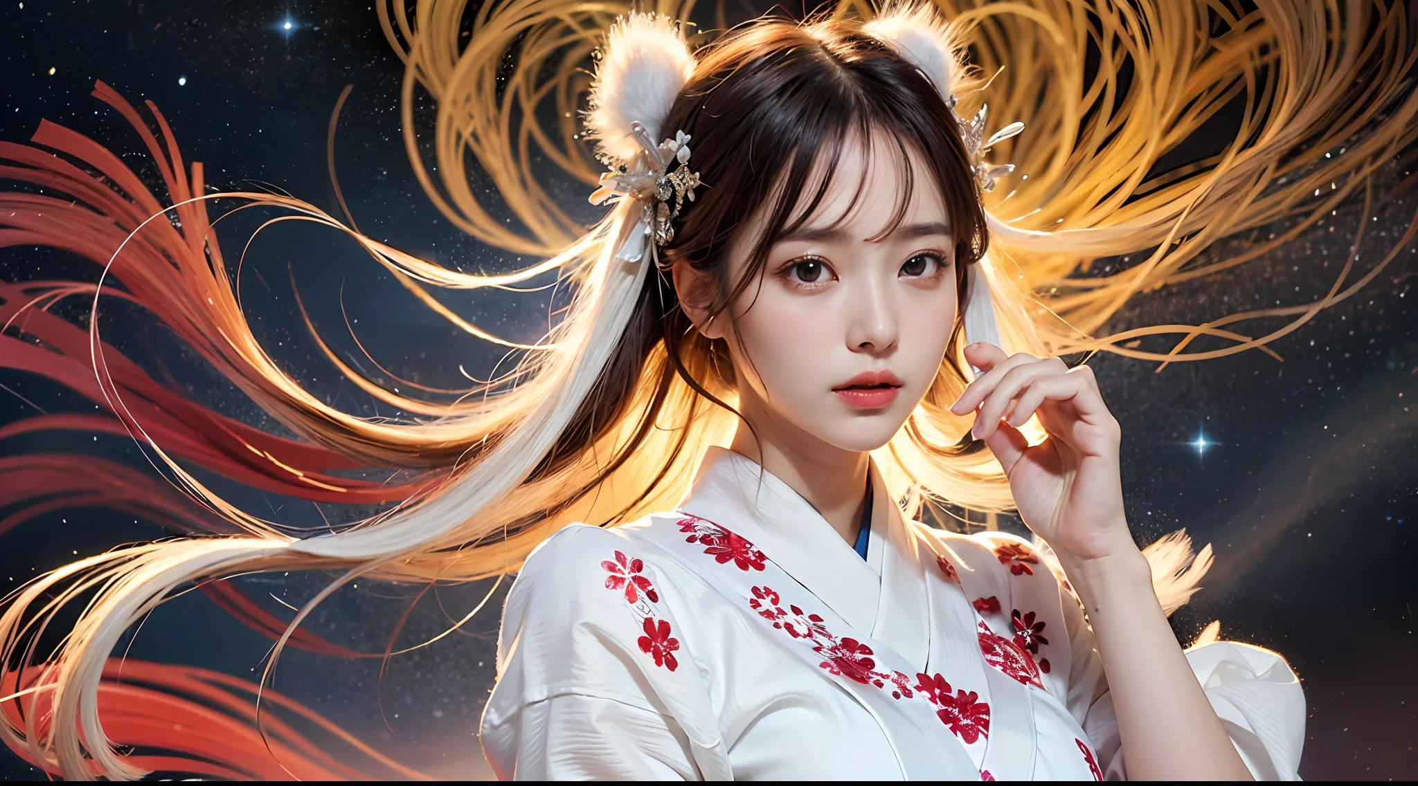 Masterpiece, 1 beautiful girl, detailed eyes, swollen eyes, top quality, super high res, (Reality: 1.4), cinematic lighting, Japanese, Asian beauty, Korean, very beautiful, beautiful skin, slender, body facing forward, (super realistic), (high res), (8K), (very detailed), ( best illustration), (beautifully detailed eyes), (super detailed), (wallpaper), detailed face, bright lighting, professional lighting, looking viewer, facing straight ahead, Japanese princess, long hair, pureerosfaceace_v1, Orihime in Japanese Tanabata festival, Milky Way, sky with countless twinkling stars in background, night, galaxy Japanese kimono, dress (kimono, red, white) with slits on thighs, feather hair ornament, accessories, dynamic, flying, fantasy, dynamic body, dynamic hair, appears to be floating in the sky, Senjogahara Hitagi, old Japanese princess costume,