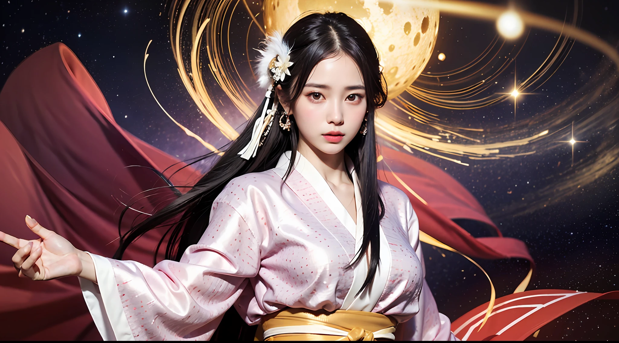 Masterpiece, 1 beautiful girl, detailed eyes, swollen eyes, top quality, super high res, (Reality: 1.4), cinematic lighting, Japanese, Asian beauty, Korean, very beautiful, beautiful skin, slender, body facing forward, (super realistic), (high res), (8K), (very detailed), ( best illustration), (beautifully detailed eyes), (super detailed), (wallpaper), detailed face, bright lighting, professional lighting, looking viewer, facing straight ahead, Japanese princess, long hair, pureerosfaceace_v1, Orihime in Japanese Tanabata festival, Milky Way, sky with countless twinkling stars in background, night, galaxy Japanese kimono, dress (kimono, red, white) with slits on thighs, feather hair ornament, accessories, dynamic, flying, fantasy, dynamic body, dynamic hair, appears to be floating in the sky, Senjogahara Hitagi, old Japanese princess costume,