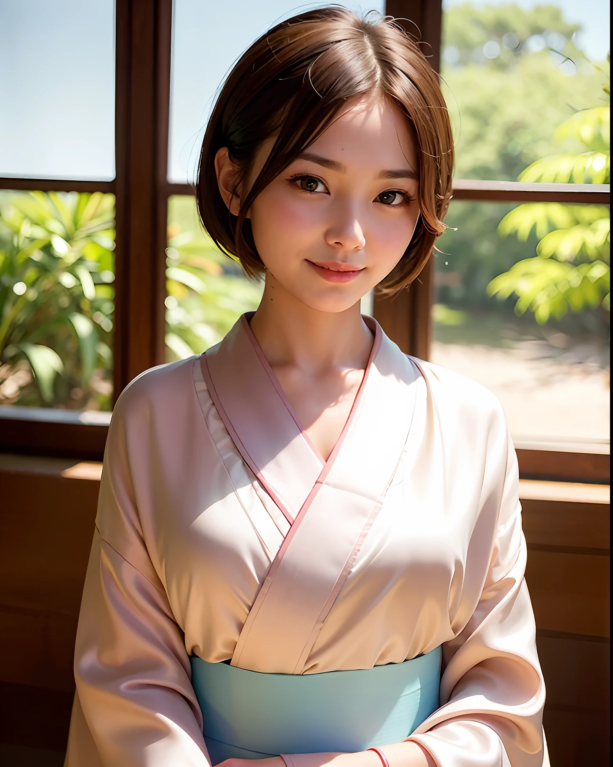 best quality, face focus, soft light, (depth of field) ,ultra high res, (photorealistic:1.4), RAW photo, (portrait:1.4) ,(from front)
1japanese girl, solo, cute, (shy, smile:1.1), (brown eyes),  detailed beautiful face, (short_hair ), japanese-style room
(silk kimono:1.4)