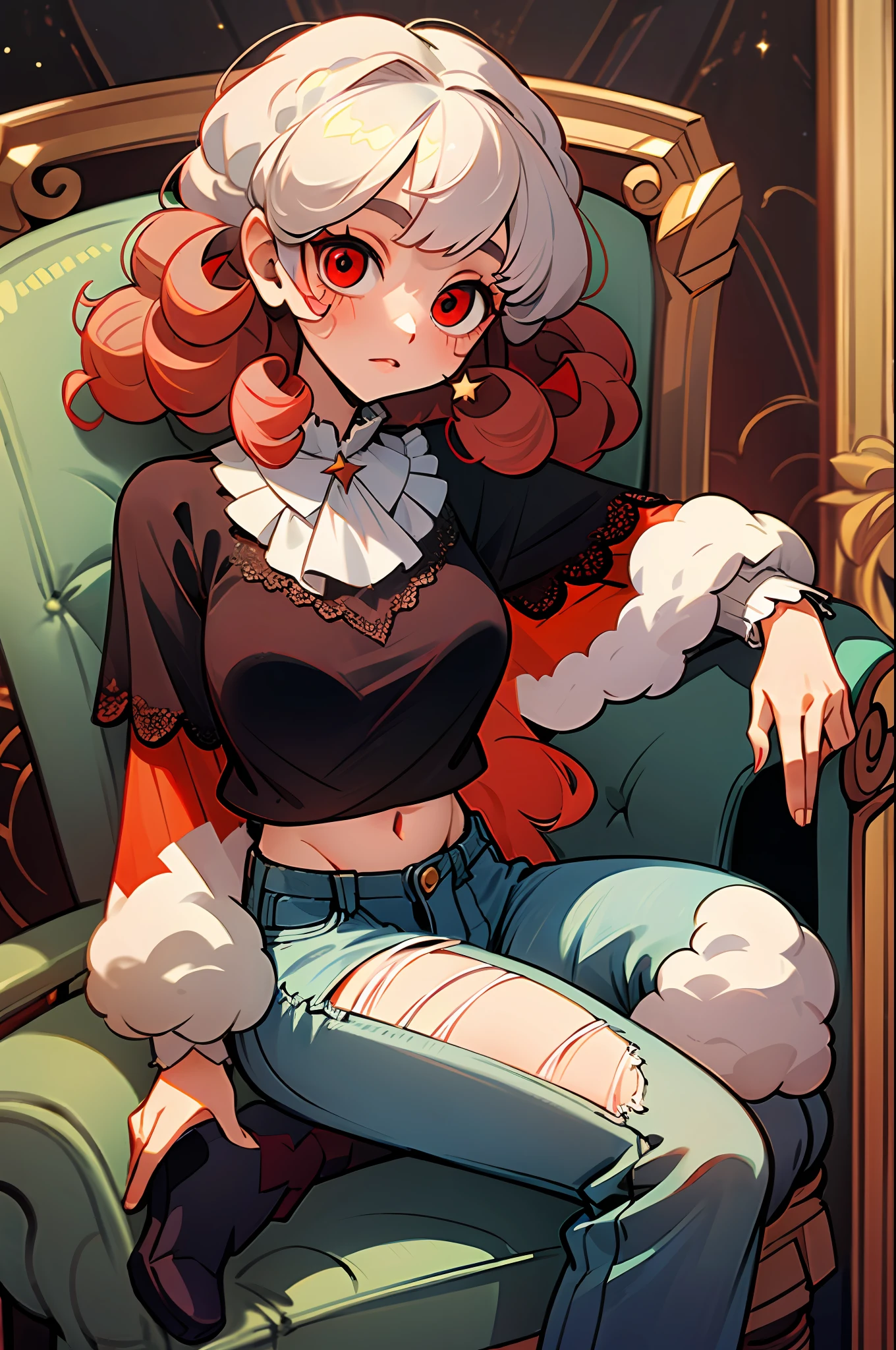 Girl sheep loli,curly hair,(wearing a wool blouse:1.4), ((red eyes):1.3),jeans, black boot, sexy pose, looking at the viewer, in the (star room) sitting in the (armchair/modern) arms propped up on the armchair, asymmetrical
