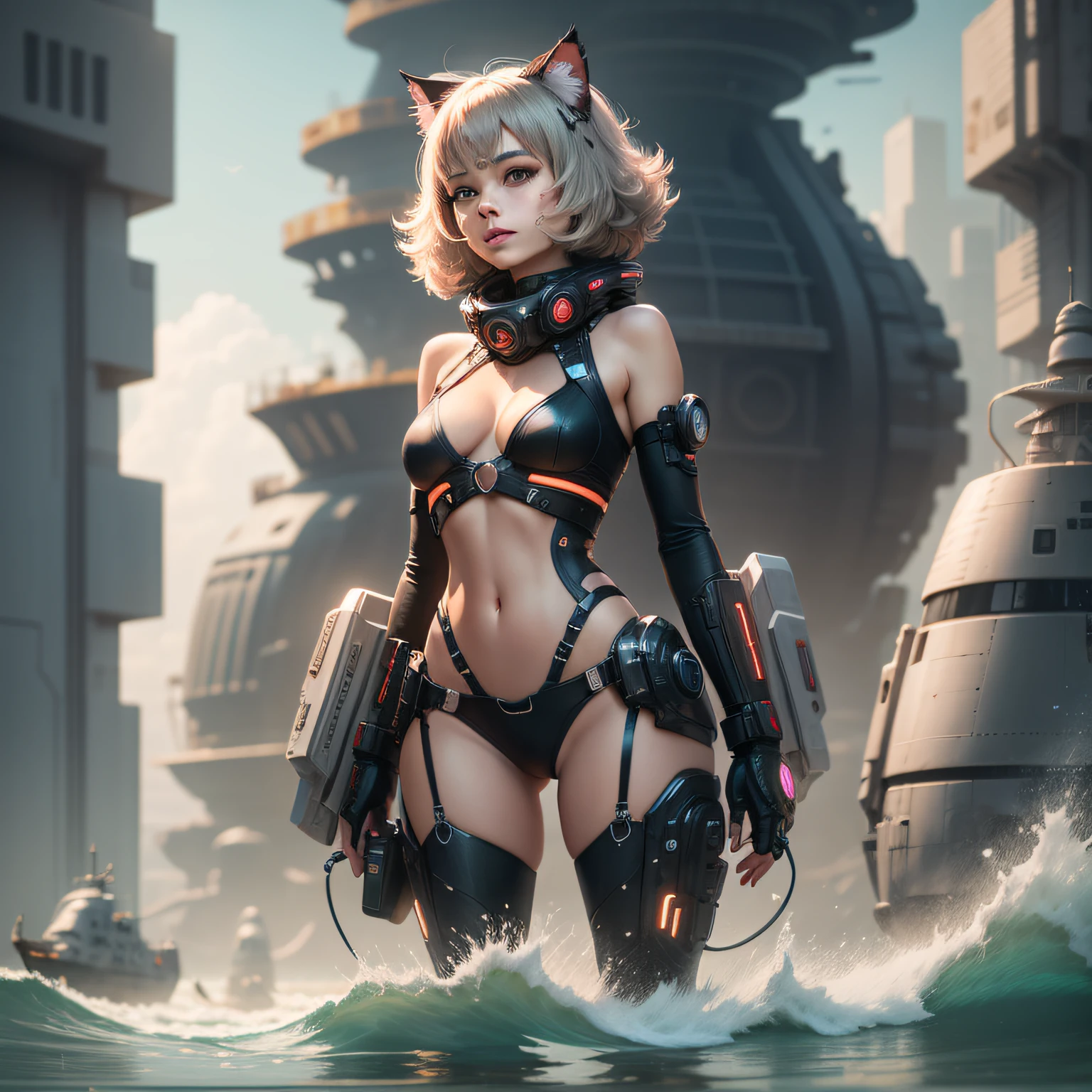 Best quality, gentle face, 25 year old cat girl, slim body, small bust, cat girl, sea, standing pose, beach, huge spaceship floating in the air, cyberpunk, science fiction