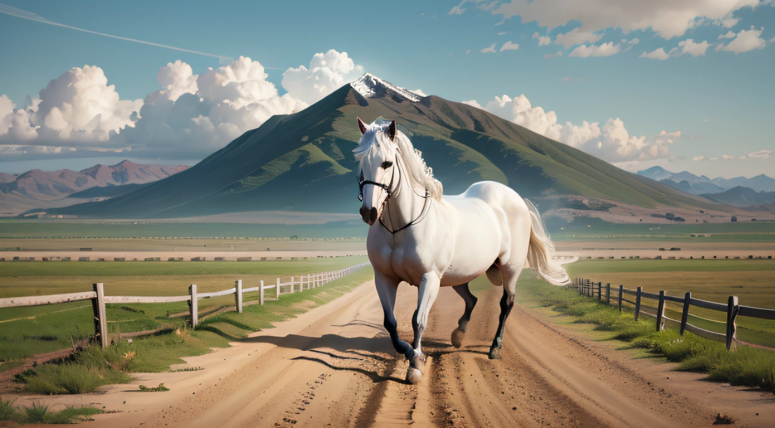 A photo depicting a white horse in an open field or an empty dirt road.