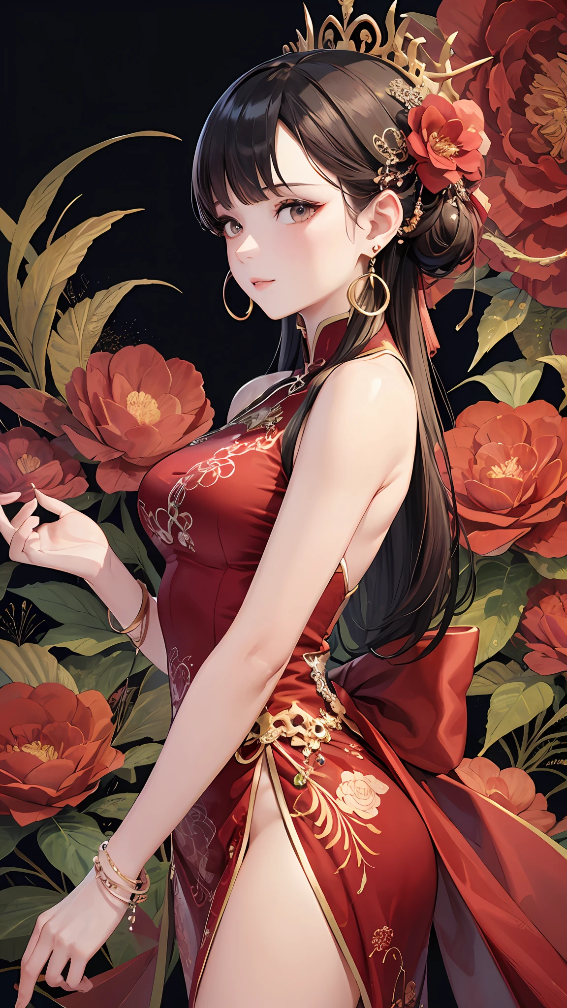 (Masterpiece, Top Quality, Best Quality, Official Art, Beauty and Aesthetics: 1.2), (1girl: 1.3), Very Detailed, (Fractal Art: 1.1), (Color: 1.1), (Flowers: 1.3), Most Detailed, (Zentangle: 1.2), (Dynamic Pose), (Abstract Background: 1.3), (Chinese Dress: 1.2), (Shiny Skin), (many colors:1.4), ,(earrings:1.4),
