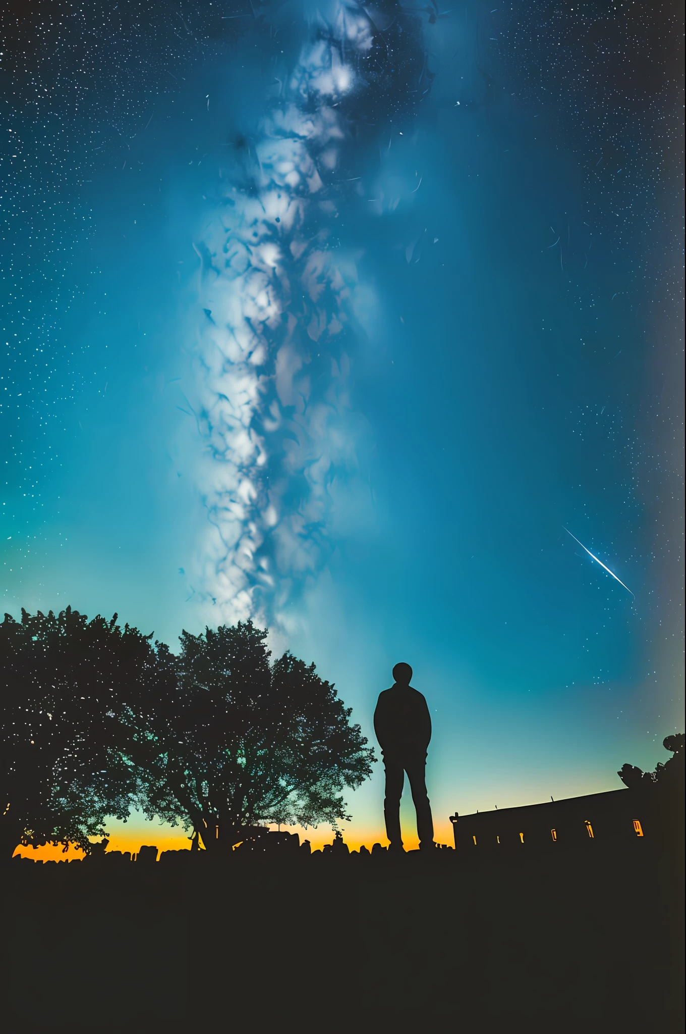 octane, sky, starry sky, night, one boy, night sky, solo, outdoors, building, clouds, milky way, sitting, tree, long hair, urban, silhouette, cityscape