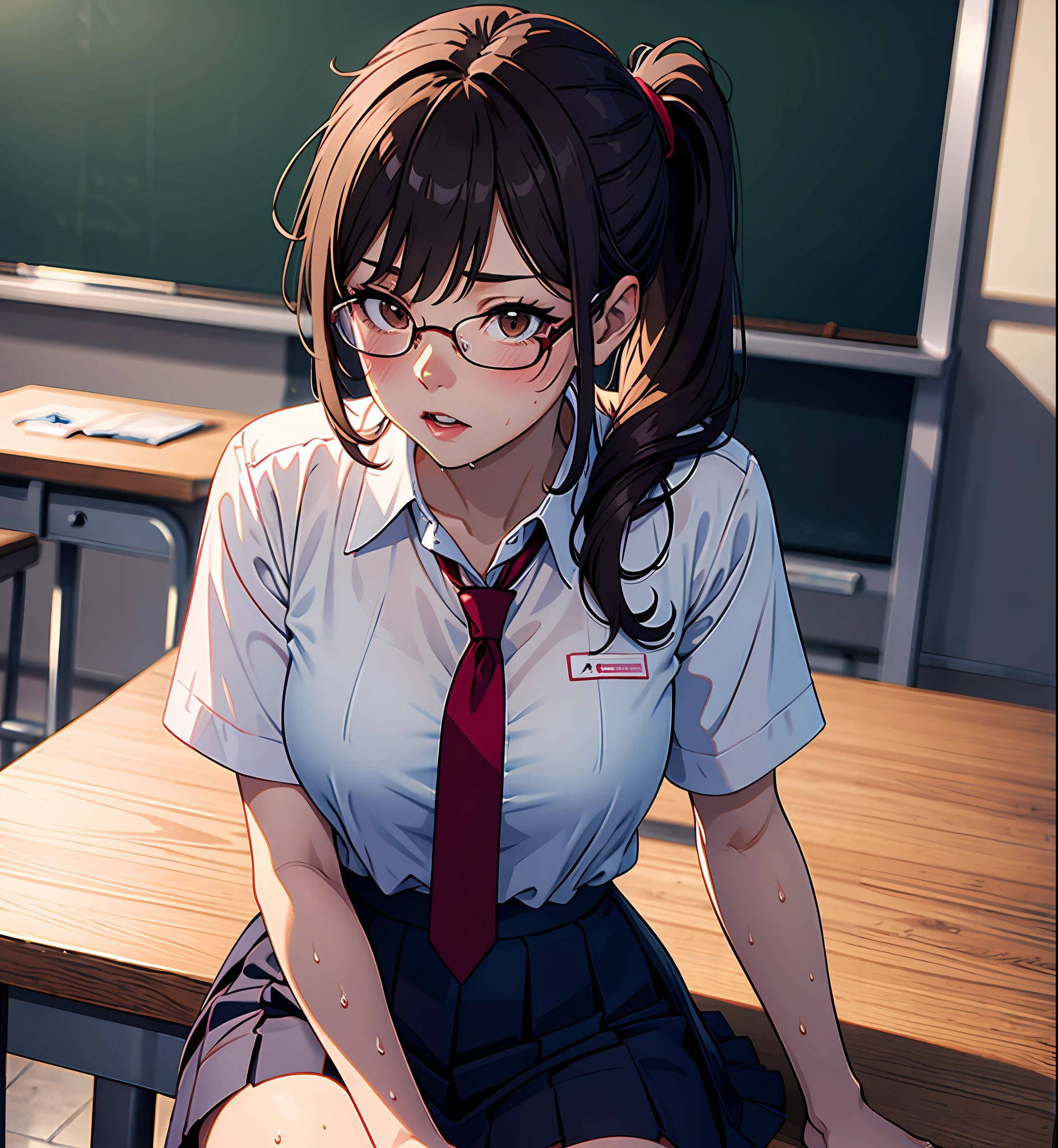 (anime, masterpiece, highres, best quality, ultra detailed, detailed background:1.2), 1girl, long brown hair, wide ponytail, brown eyes, pale skin, large sagging breasts, semi-rimless eyewear, school uniform, red necktie, blue skirt, classroom, facing viewer, sitting, breast rest on table, wet clothes, wet shirt, pink bra, flustered, full-face blush