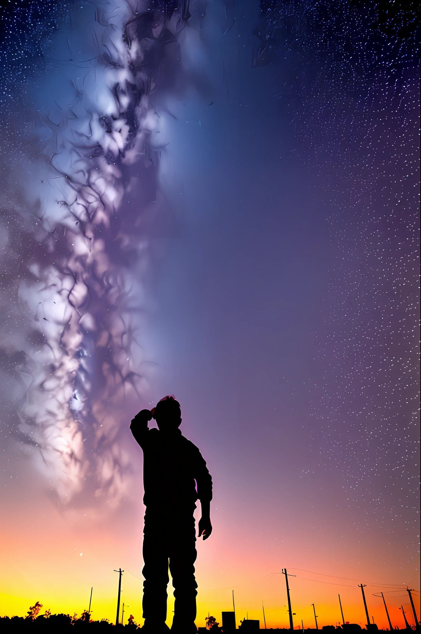 octane, sky, starry sky, night, one boy, night sky, solo, outdoors, building, clouds, milky way, sitting, tree, long hair, urban, silhouette, cityscape
