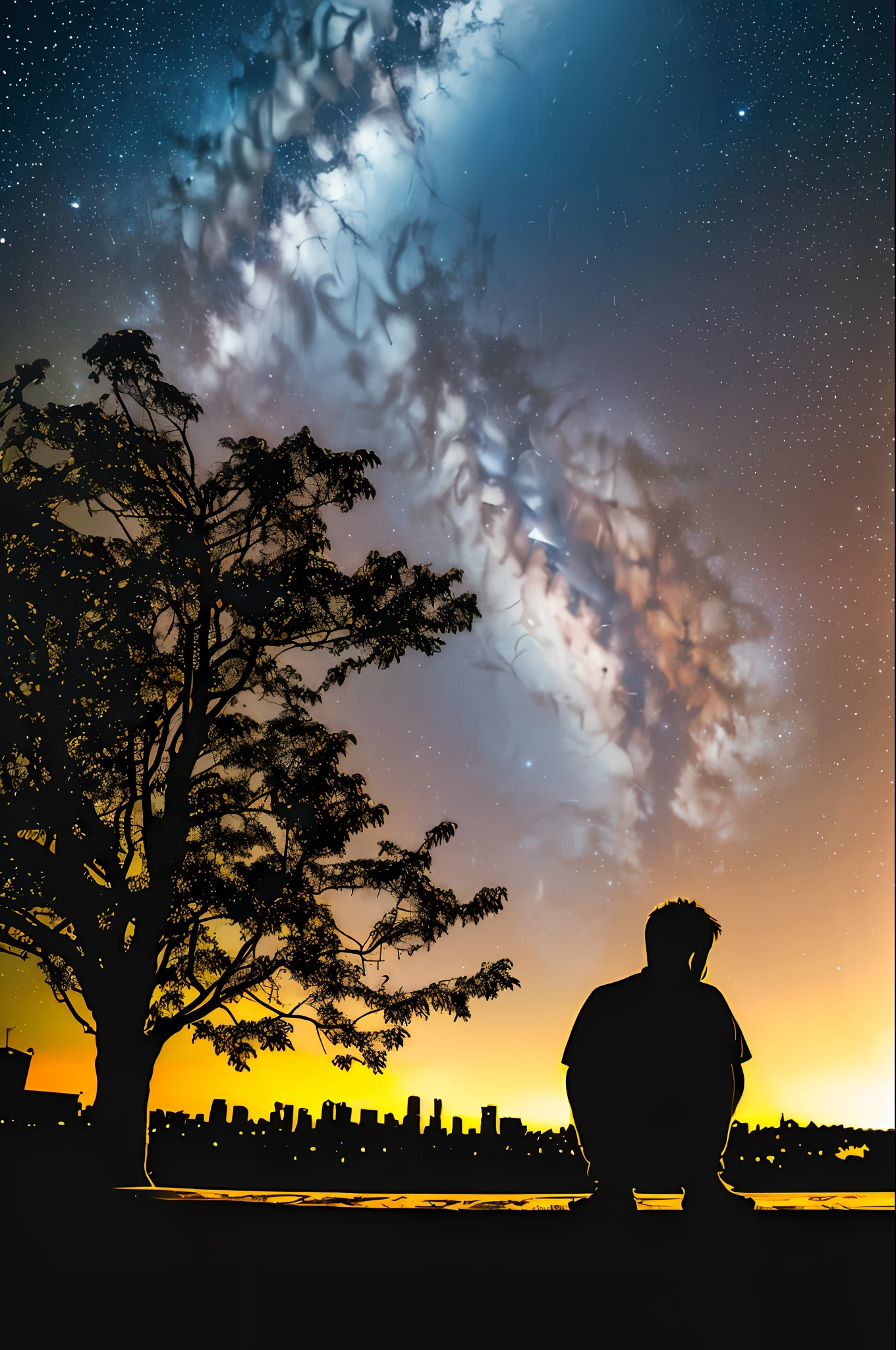 octane, sky, starry sky, night, one boy, night sky, solo, outdoors, building, clouds, milky way, sitting, tree, long hair, urban, silhouette, cityscape