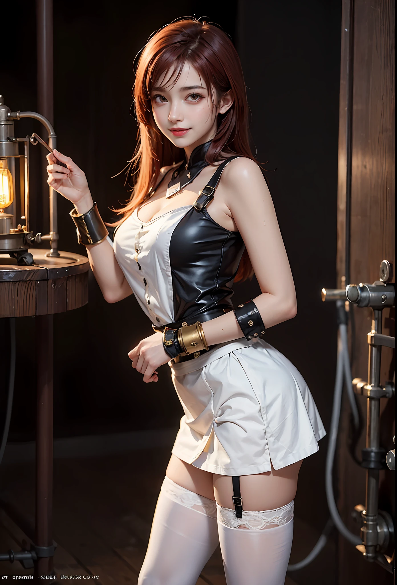 1girl, steampunk, mechanical maze, incandescent lamp, indicator light, maid outfit, short skirt, white stockings, 15 years old beautiful girl, red hair, tifa, steam engine, factory, smile, sweat, hair coloring,