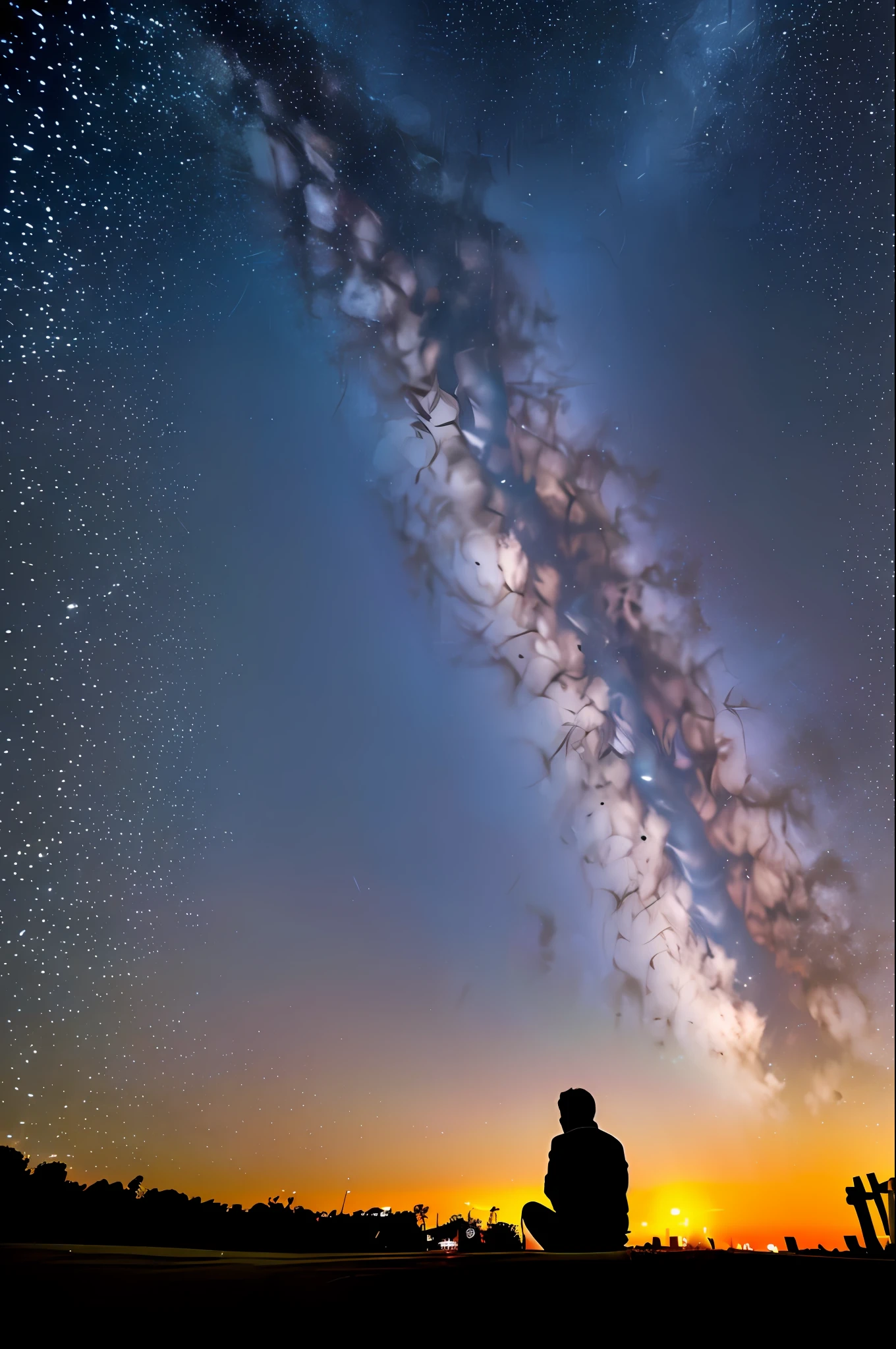 octane, sky, starry sky, night, one boy, night sky, solo, outdoors, building, clouds, milky way, sitting, tree, long hair, urban, silhouette, cityscape
