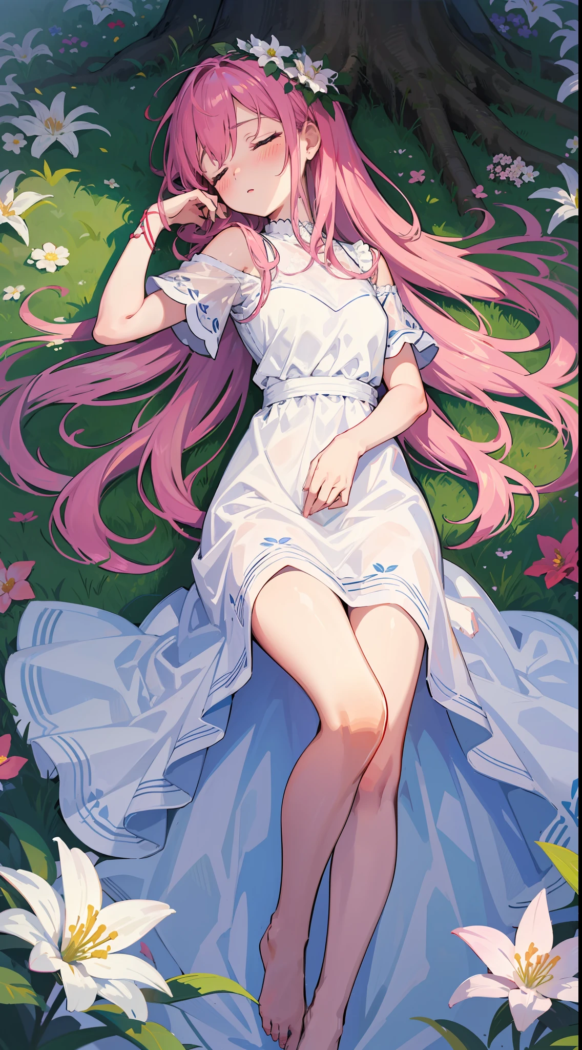 Anime girl laying on the ground with long pink hair - SeaArt AI