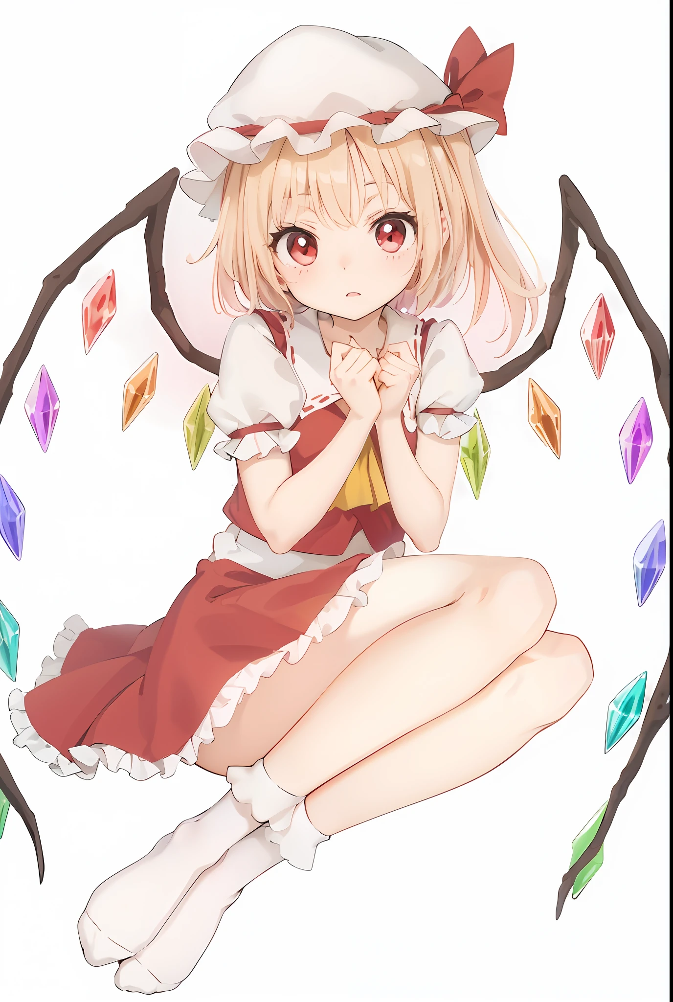 anime girl sitting on the ground with a red dress and a white hat, from touhou, touhou character, **** in dress, touhou, small **** girl, ****, portrait of magical girl, cute anime girl, splash art anime ****, cute anime, rei hiroe, sakura kinomoto, small curvy ****, (anime girl)