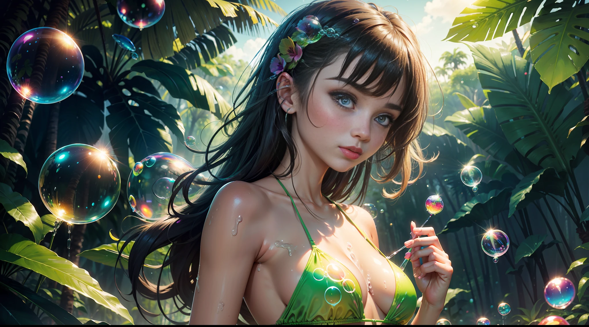high quality, one girl, detailed face, clear hands, landscape background, tropic jungles, ((neon colorful soap bubbles))