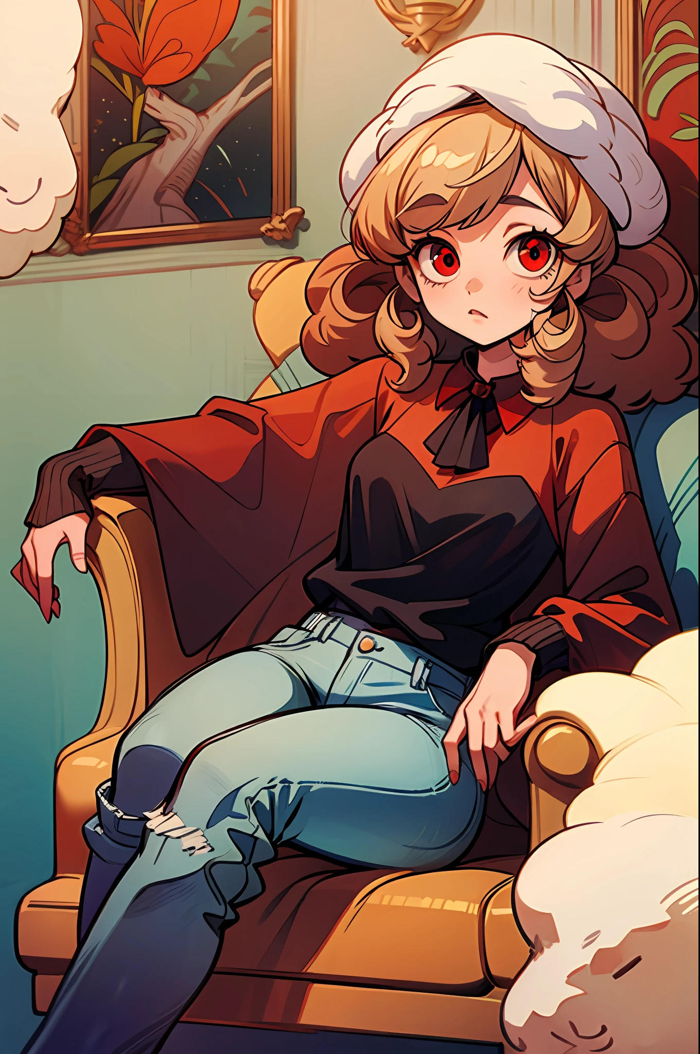 Girl sheep loli,curly hair,(wearing a wool blouse:1.4), ((red eyes):1.3),jeans, black boot, sexy pose, looking at the viewer, in the (star room) sitting in the (armchair/modern) arms propped up on the armchair