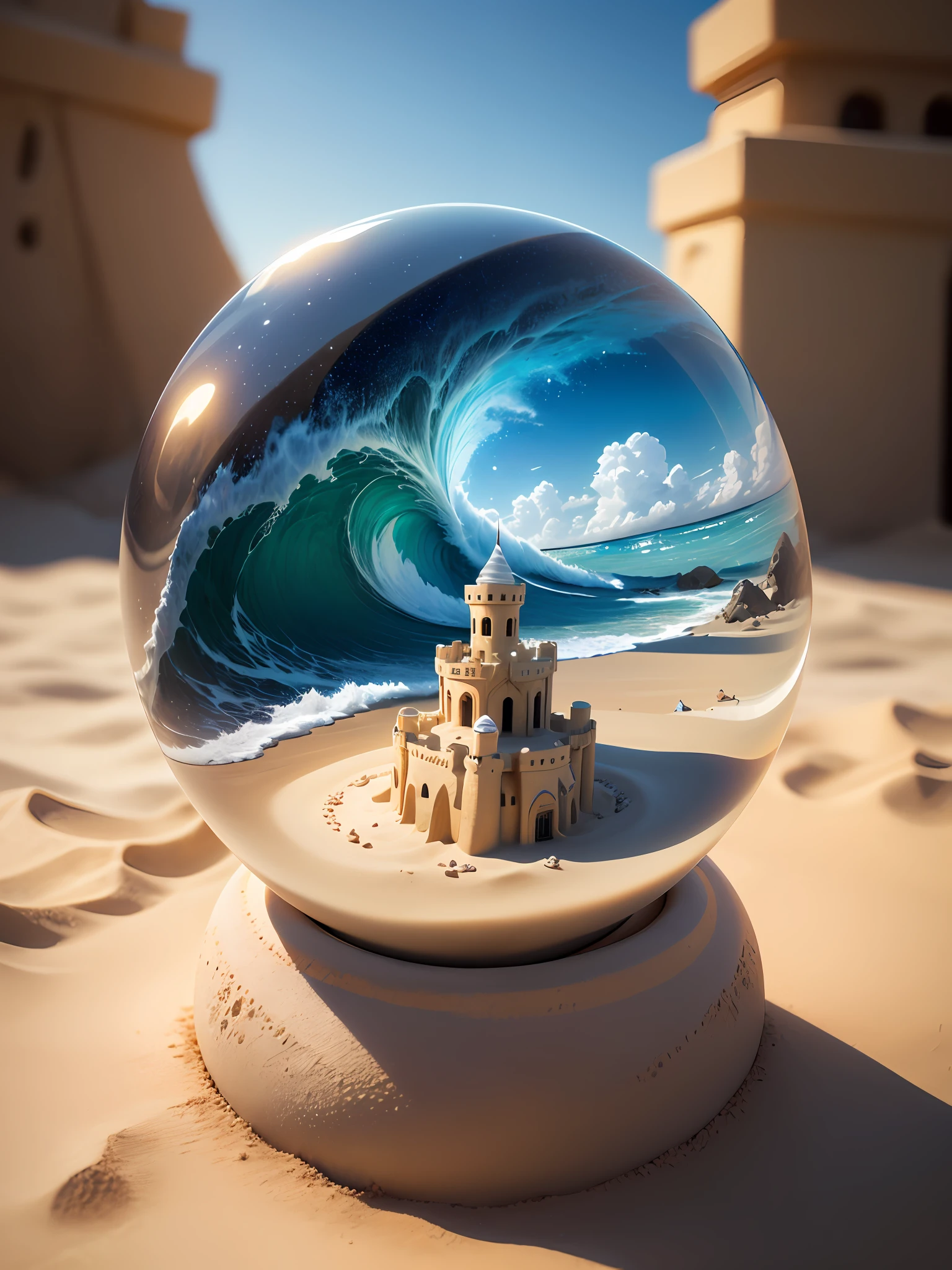 Ultra-realistic, 16K high resolution, (Max Sharp Focus: 1.3), (Max Close-up: 1.5), (Sand Castle trapped in a crystal perfect ball with pedestal on the table: 1.7), (Blue waves, white sand, thunder, Milky Way: 1.5),