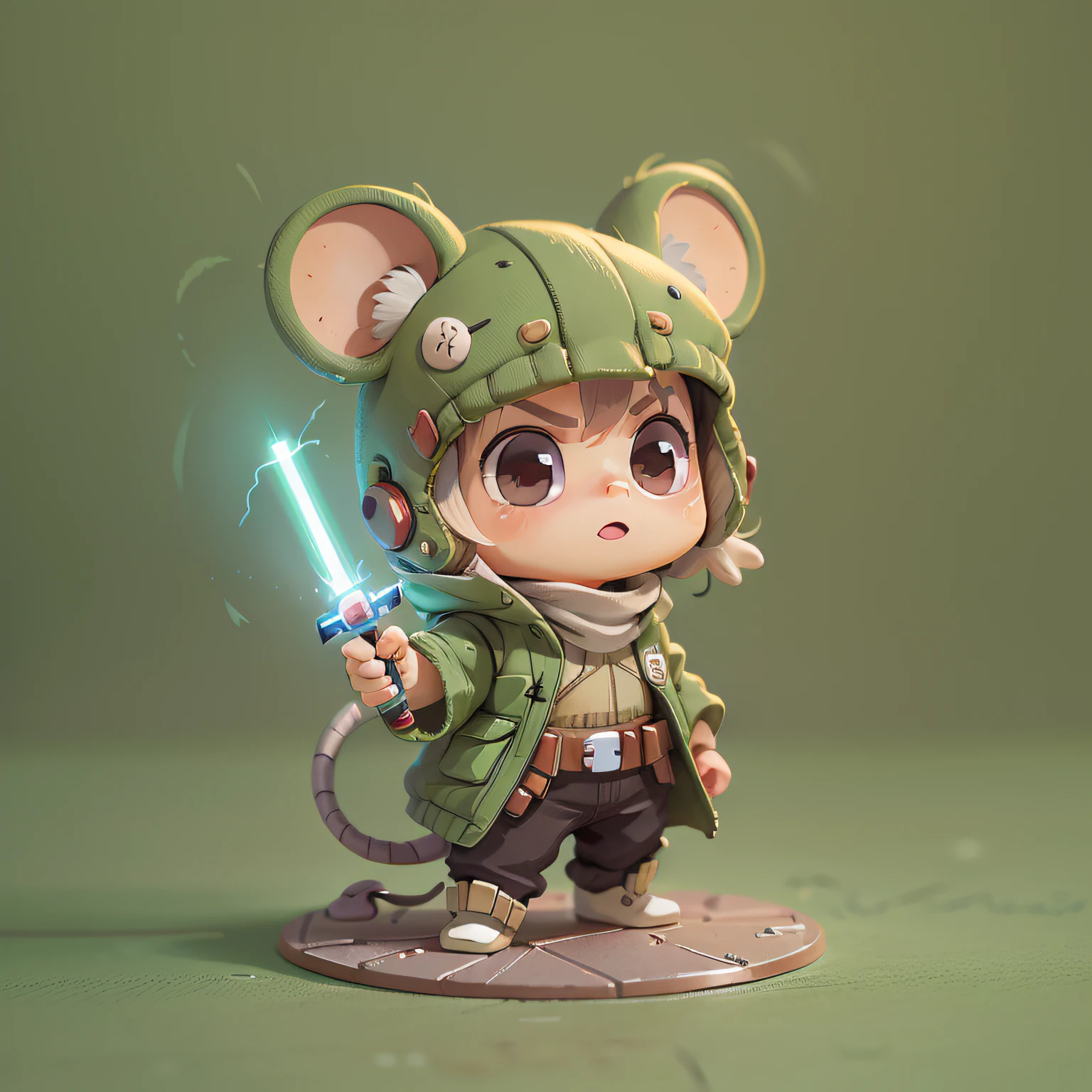 chibi, mouse, cute, jedi starwars, action pose, bold, holding with two hands a green lightsaber, bigbadejo, full body, masterpiece, 3D Rendering, Best Quality, Lots of Detail, (plain background), vinyl toy figurine