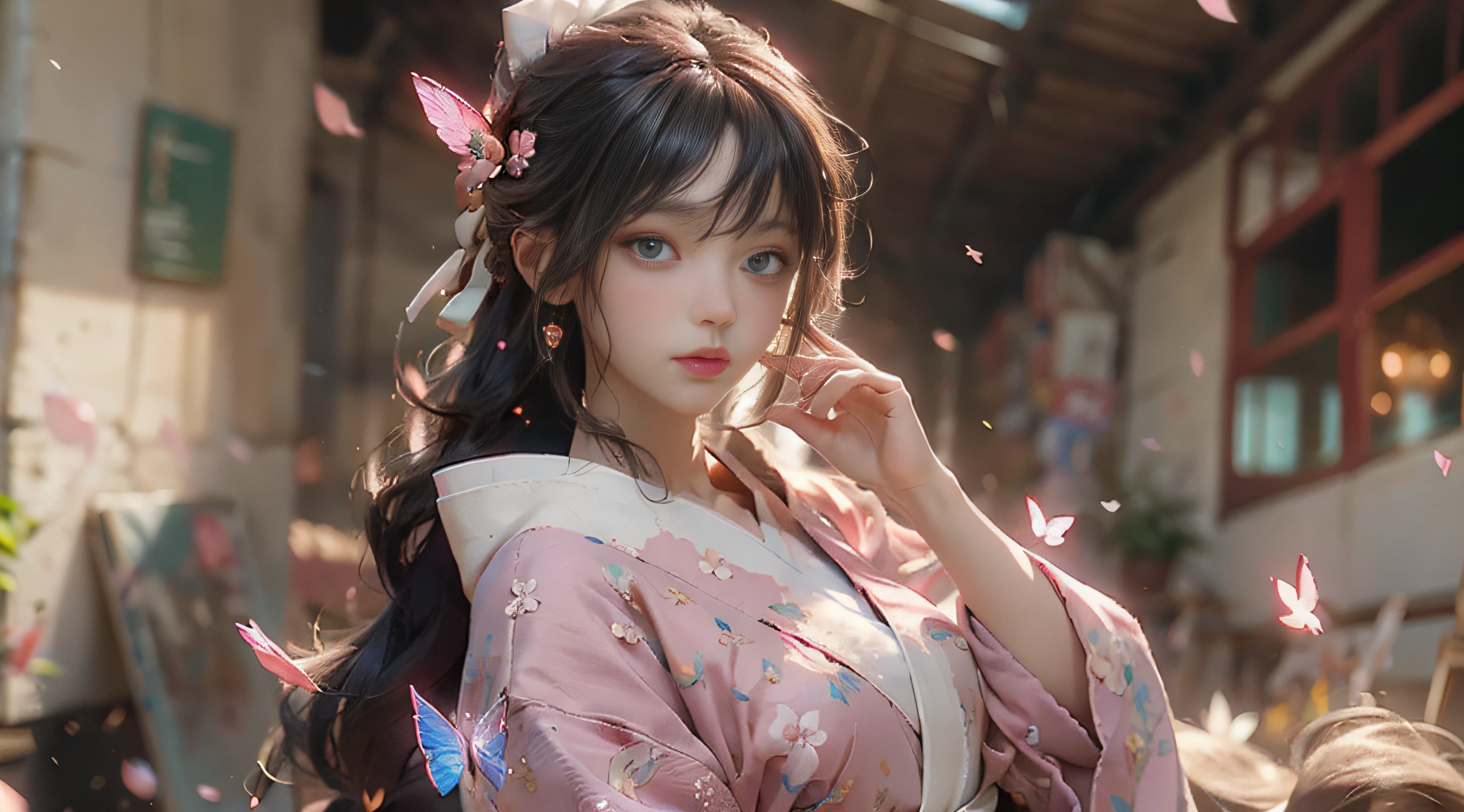 ((Best Quality)), ((Masterpiece)), (Detail: 1.4), 3D, Beautiful Cyberpunk Female Image, HDR (High Dynamic Range), Ray Tracing, NVIDIA RTX, Super Resolution, Unreal 5, Subsurface Scattering, PBR Texture, Post-Processing, Anisotropic Filtering, Depth of Field, Maximum Sharpness and Sharpness, Multi-layer Texture, Albedo and Highlight Mapping, Surface Coloring, Mitsu-Accurate Simulation of Material Interactions, Perfect Proportions, Octane Rendering, Two-color Light, Large Aperture, Low ISO, white balance, regular three-point, 8K RAW, beautiful bright pupils, flowing robe, fine pupils, delicate face and eyes, long eyelashes, blush, fluffy hair, pink lips, pure, cute, sweet girl, cherry blossom petals falling, butterflies, high-class sense