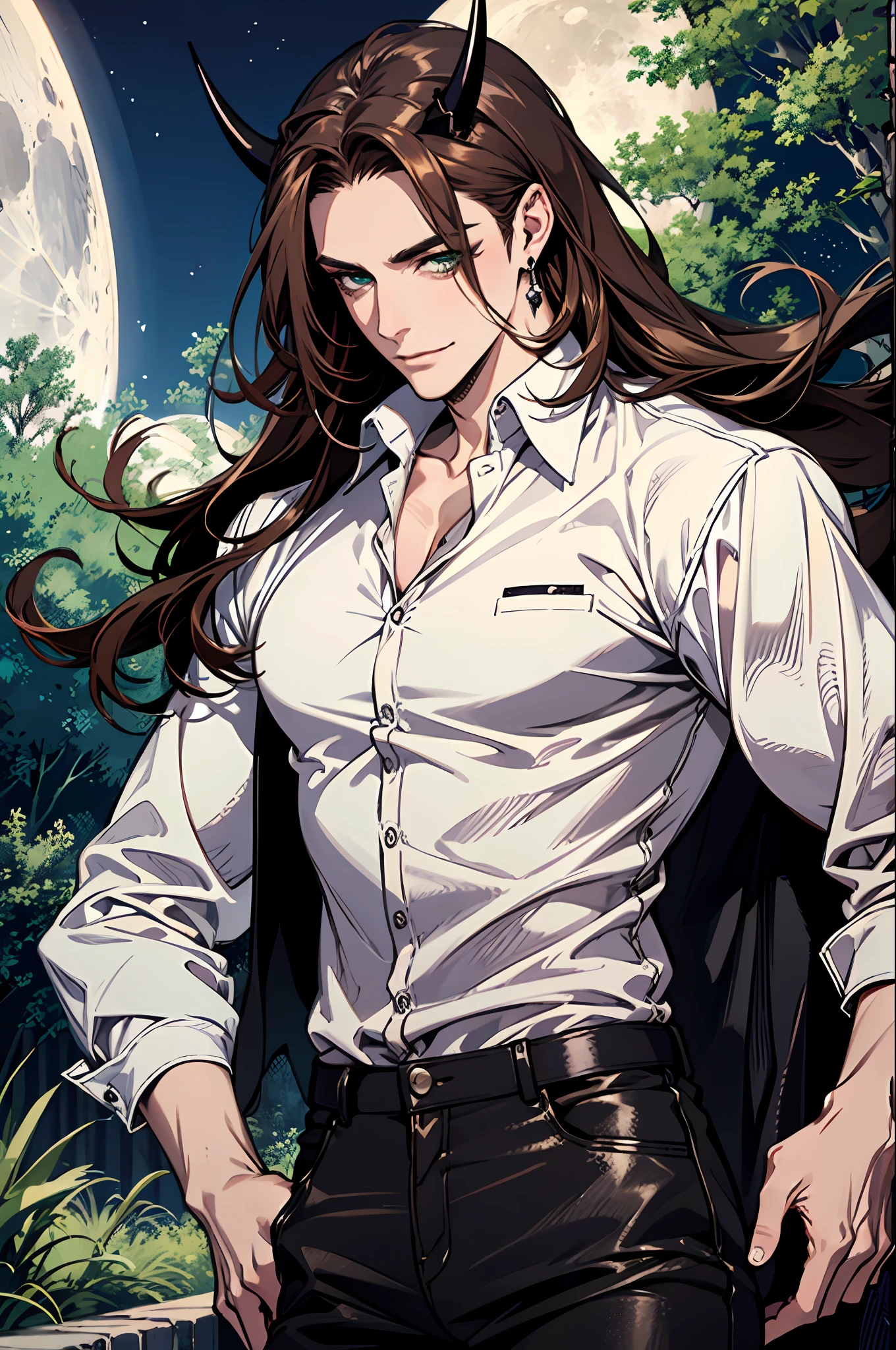 (absurdres, highres, ultra detailed), 1man, 30 years old man, adult man, handsome, tall,, finely detailed eyes and detailed face, black leather pants, white shirt, night, smile, dutch angle, ((long hair, brown hair)), horns, moon, forest, silver earrings, gothic, dark, looking at the view, pale skin, green detailed eyes, eyeliner, (masculine), sexy, smirk, seductive, slightly muscular, very attractive, flirtatious, mature, ((adult mature face)), medium large shoot, (MLS), conceited, egocentric