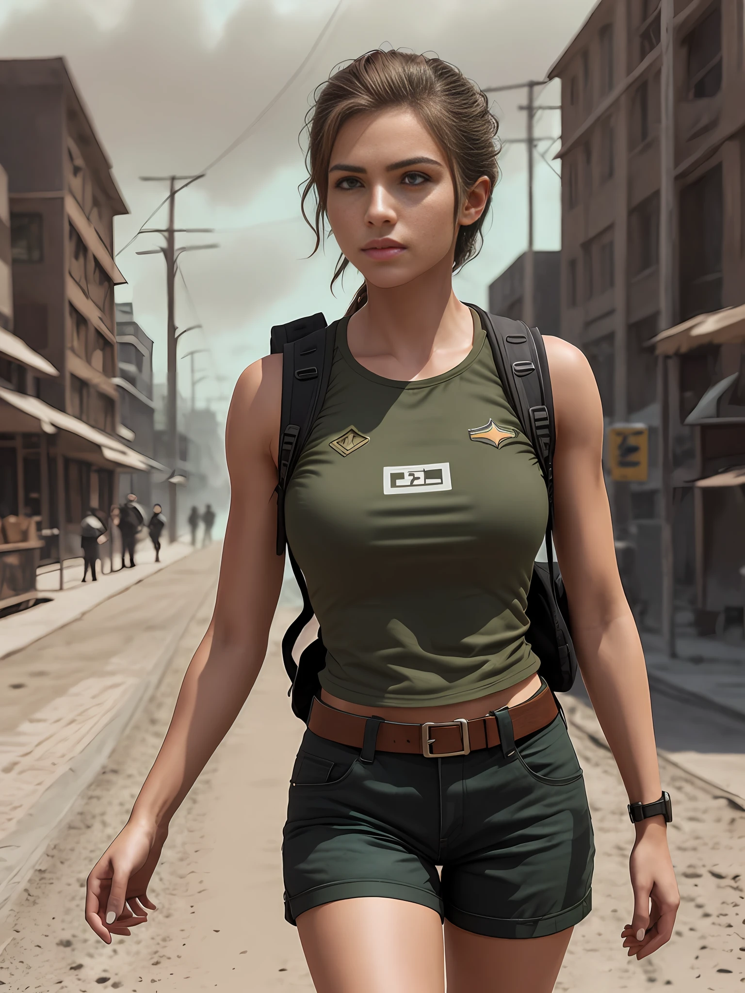 girl, on the street, heavy military gear:1.2, desert military vest, backpack, epic realistic, photo, faded, complex stuff around, neutral colors, ((((hdr)))), ((((muted colors)))), intricate scene, artstation, intricate details, vignette, full military gear:1.2, fully dressed:1.2, futuristic heavy military gear:1.2, heavy gear:1.3, military shorts, closed clothing, conservative look, safe for work:1.2, sfw:1.2