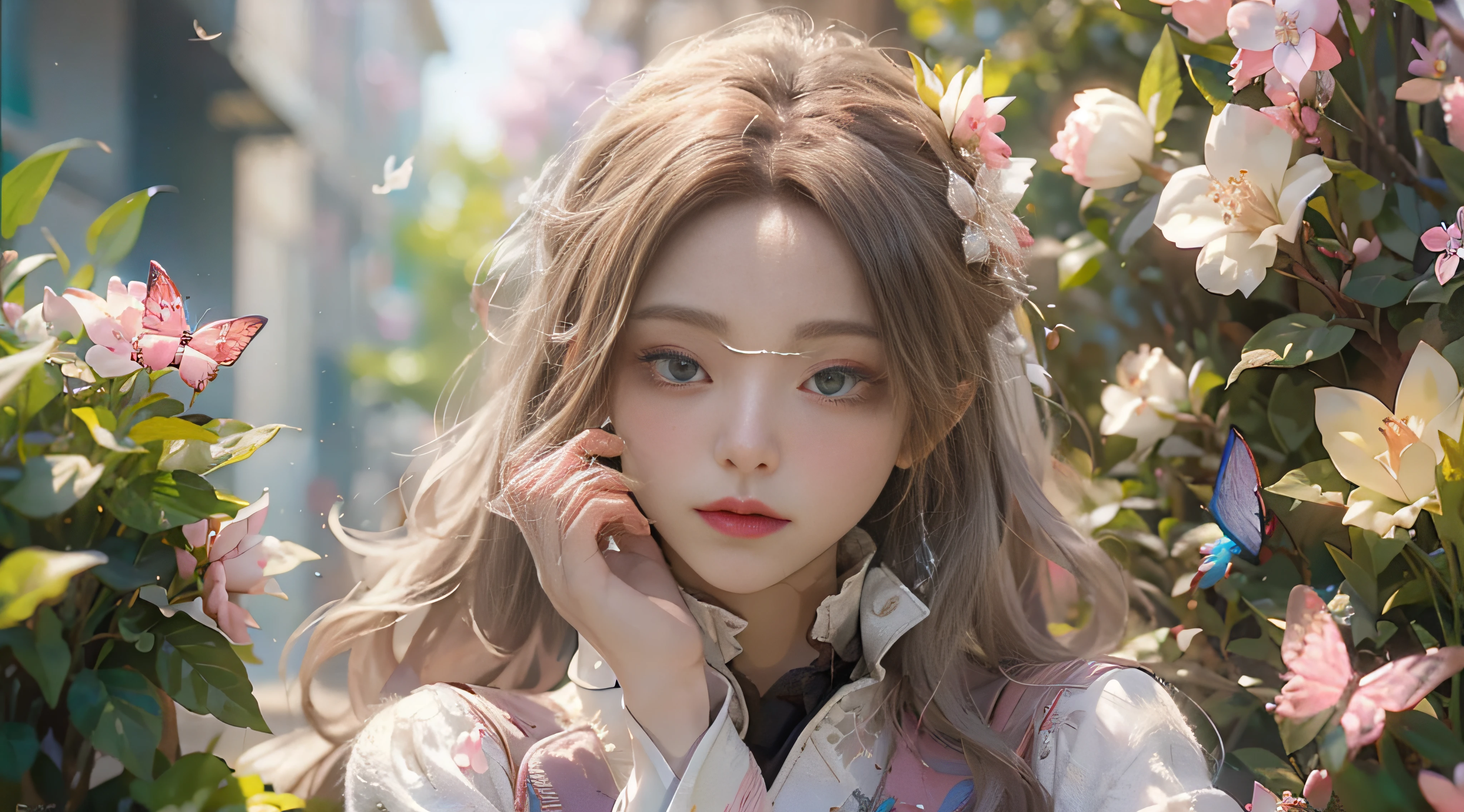 ((Best Quality)), ((Masterpiece)), (Detail: 1.4), 3D, Beautiful Cyberpunk Female Image, HDR (High Dynamic Range), Ray Tracing, NVIDIA RTX, Super Resolution, Unreal 5, Subsurface Scattering, PBR Texture, Post-Processing, Anisotropic Filtering, Depth of Field, Maximum Sharpness and Sharpness, Multi-layer Texture, Albedo and Highlight Mapping, Surface Coloring, Mitsu-Accurate Simulation of Material Interactions, Perfect Proportions, Octane Rendering, Two-color Light, Large Aperture, Low ISO, white balance, regular three-point, 8K RAW, beautiful bright pupils, flowing robe, fine pupils, delicate face and eyes, long eyelashes, blush, fluffy hair, pink lips, pure, cute, sweet girl, cherry blossom petals falling, butterflies, high-class sense