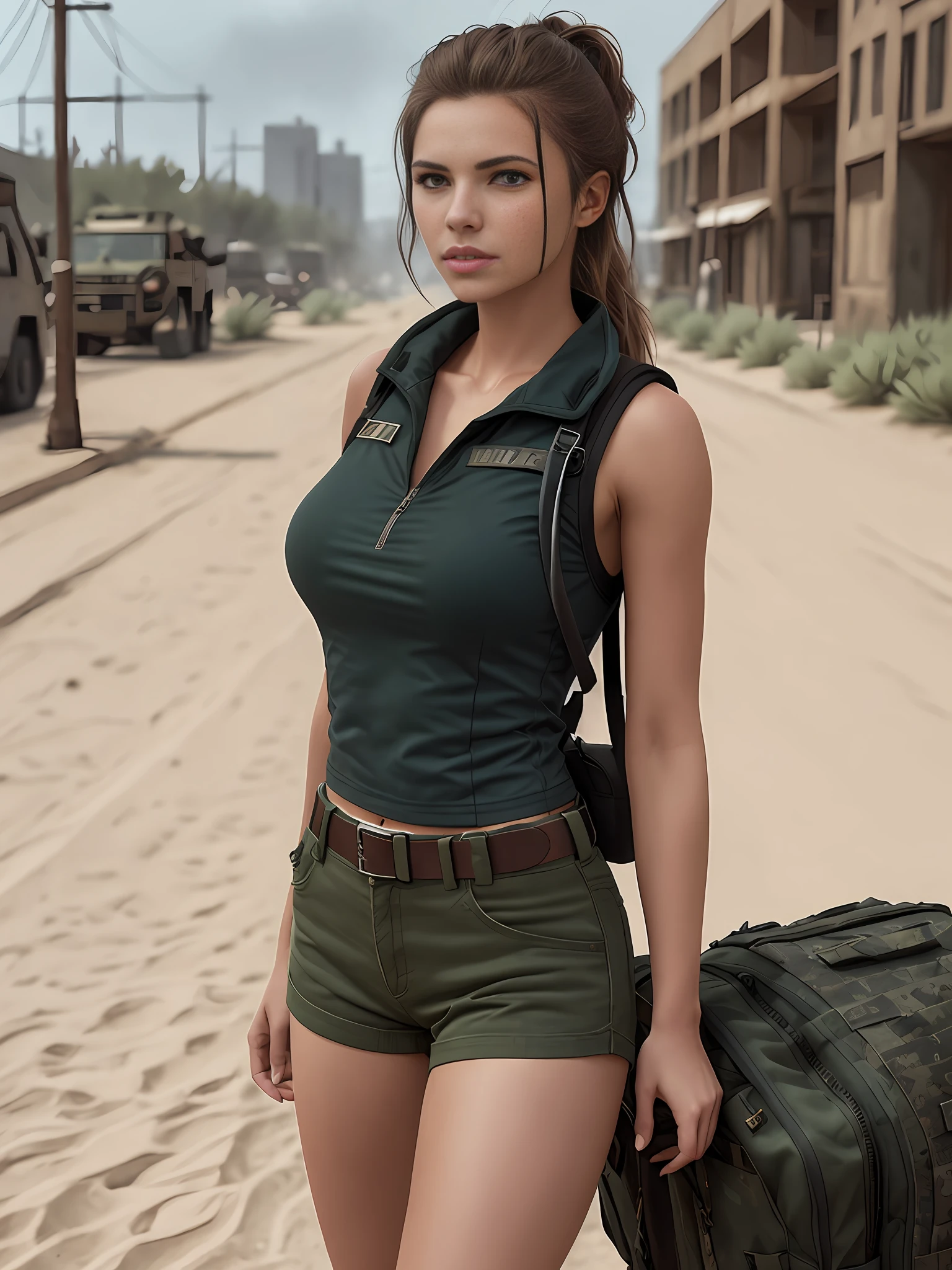 girl, on the street, heavy military gear:1.2, desert military vest, backpack, epic realistic, photo, faded, complex stuff around, neutral colors, ((((hdr)))), ((((muted colors)))), intricate scene, artstation, intricate details, vignette, full military gear:1.2, fully dressed:1.2, futuristic heavy military gear:1.2, heavy gear:1.3, military shorts, closed clothing, conservative look, safe for work:1.2, sfw:1.2