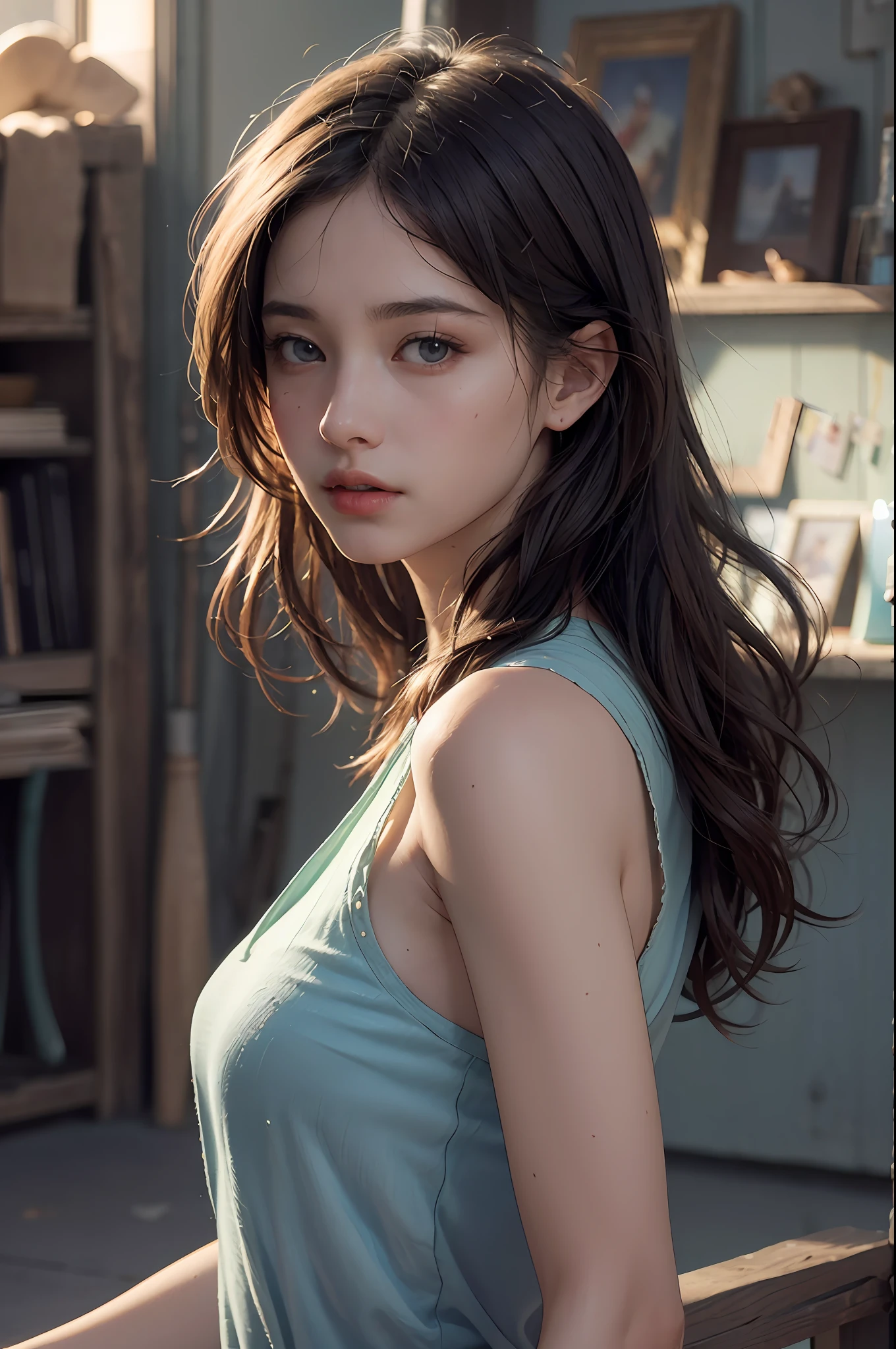 (RAW photo, best quality), (realistic, photo-realistic:1.3),best quality,highly detailed,masterpiece,ultra-detailed,illustration,1girl,upper_body,dynamic angle,world masterpiece theater,messy_long_hair,best quality,extremely detailed CG unity 8k wallpaper,ink,Amazing,cinematic lighting,lens_flare,,dunhuang_style