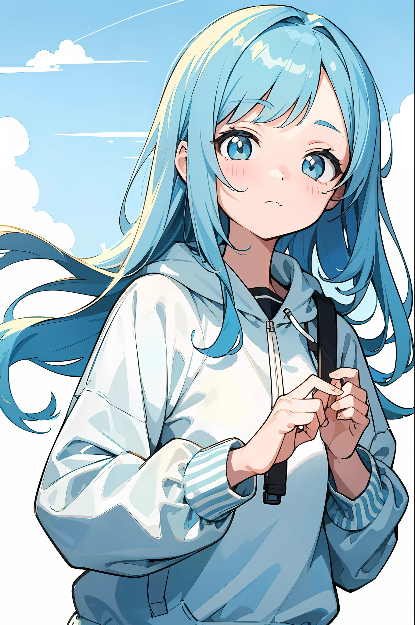 (Exquisite Illustration: 1.2), (Kawaii Girl: 1.0), (1girl, solo:1.0), (Sky Blue Hair: 1.0), (Sweatshirt: 1.0), (Upper body: 1.0), (Ultra detailed, High resolution, 4K:1.0),