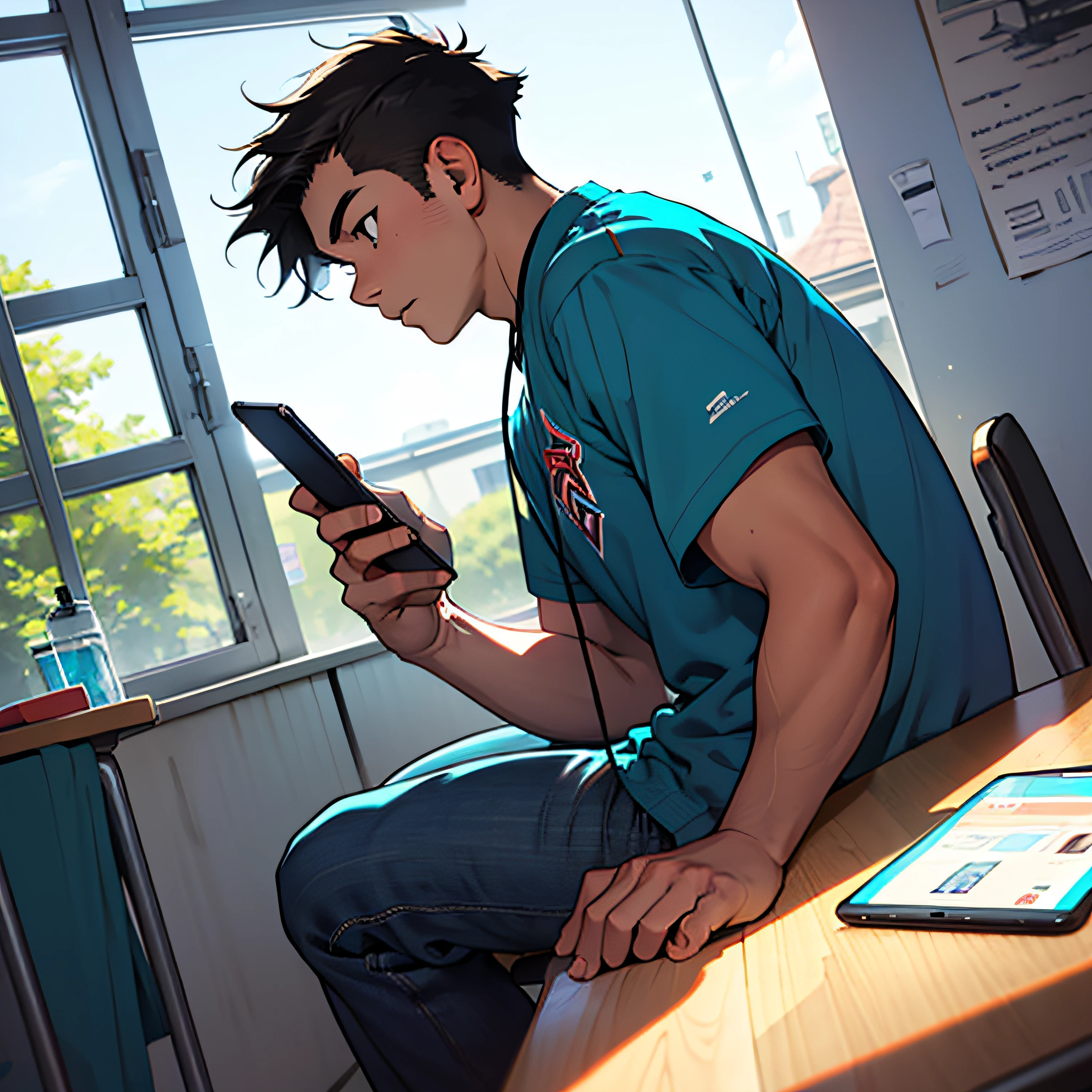 a bored american teenager boy using cell phone during a class - cartoon style - from side angle