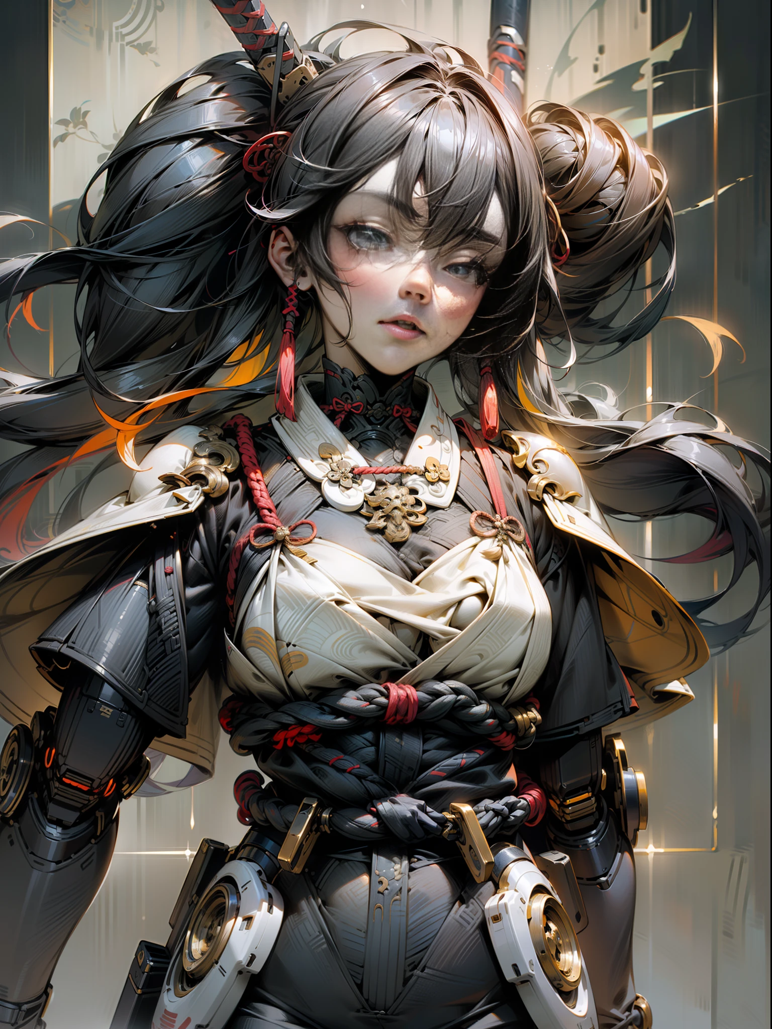 (Masterpiece, Best Quality, Ultra Detailed, Best Shadow), (Detailed Background, Dark Fantasy), (Beautiful Detailed Face), High Contrast, (Best Lighting, Very Delicate and Beautiful), ((Cinematic Light)), Colorful, Hypergrain, Dramatic Light, Intricate Details, Wallpaper, 1 Girl, Ronin Girl, ((Body Fully Visible)), Traditional Chinese Cyber Ronin Clothing, Cyber Style, Robot Style, Cyber Girl, Katana, Katana listed on us, ((bottom view,)) black hair disheveled, square, ((full-length)), sword, katana, cyber samurai, (((full-length))), ((the whole body is visible))