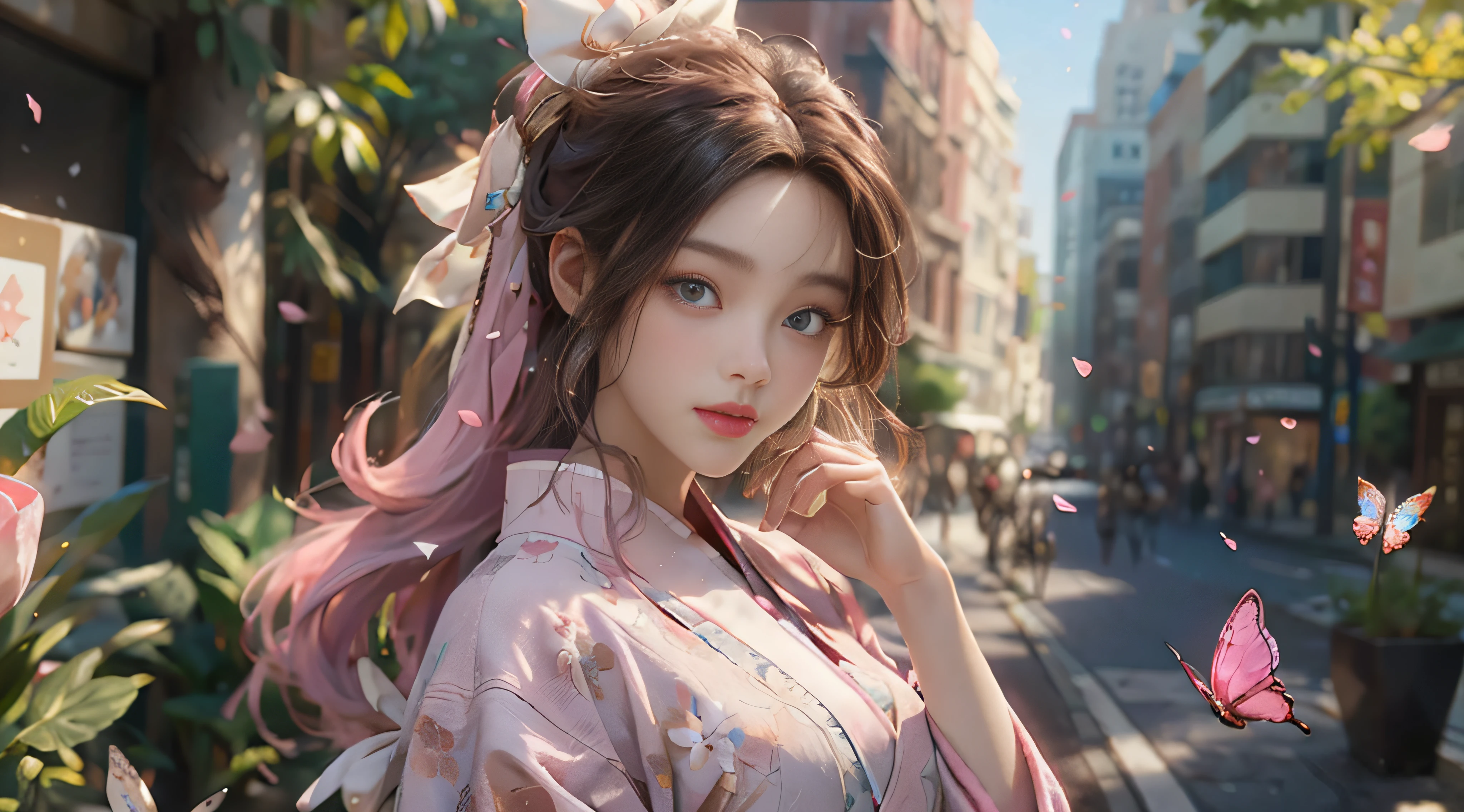 ((Best Quality)), ((Masterpiece)), (Detail: 1.4), 3D, Beautiful Cyberpunk Female Image, HDR (High Dynamic Range), Ray Tracing, NVIDIA RTX, Super Resolution, Unreal 5, Subsurface Scattering, PBR Texture, Post-Processing, Anisotropic Filtering, Depth of Field, Maximum Sharpness and Sharpness, Multi-layer Texture, Albedo and Highlight Mapping, Surface Coloring, Mitsu-Accurate Simulation of Material Interactions, Perfect Proportions, Octane Rendering, Two-color Light, Large Aperture, Low ISO, white balance, regular three-point, 8K RAW, beautiful bright pupils, flowing robe, fine pupils, delicate face and eyes, long eyelashes, blush, fluffy hair, pink lips, pure, cute, sweet girl, cherry blossom petals falling, butterflies, high-class sense