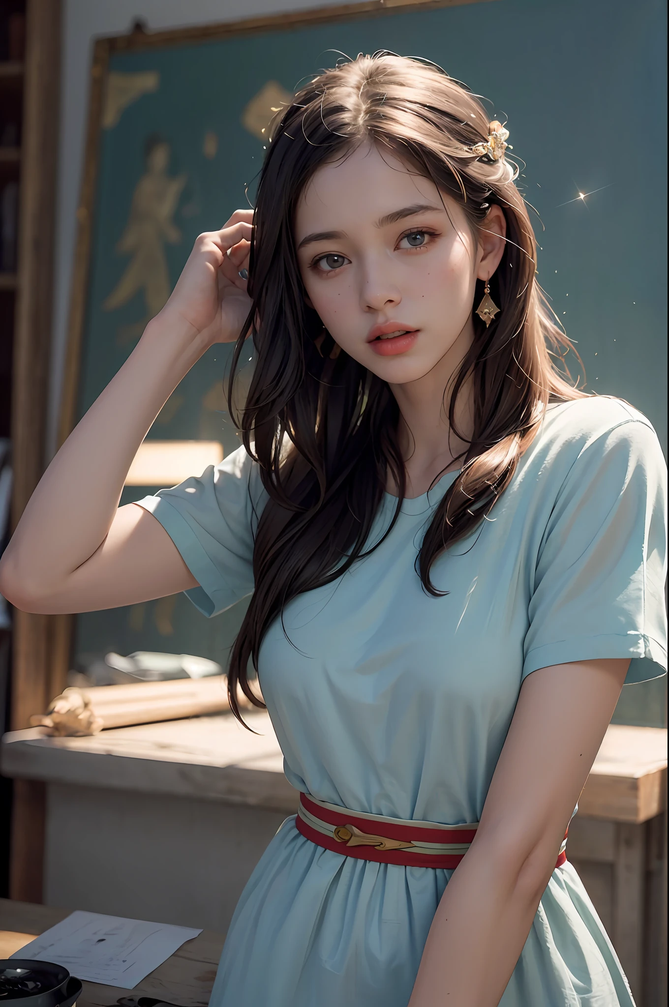 (RAW photo, best quality), (realistic, photo-realistic:1.3),best quality,highly detailed,masterpiece,ultra-detailed,illustration,1girl,upper_body,dynamic angle,world masterpiece theater,messy_long_hair,best quality,extremely detailed CG unity 8k wallpaper,ink,Amazing,cinematic lighting,lens_flare,,dunhuang_style