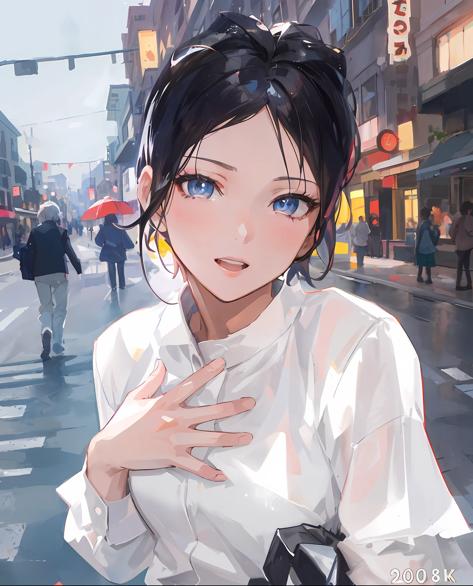 ((Best Quality, 8K, Masterpiece: 1.3)), Real Photo, Sharp: 1.2, Perfect Body Beauty: 1.4, Slim Abs: 1.2, (White Long Shirt: 1.1), Street in the background, Detailed Eyes, Double Eyelids, Short Hair, Coiled Hair, Anime Style: 1.5, 2D: 1.5