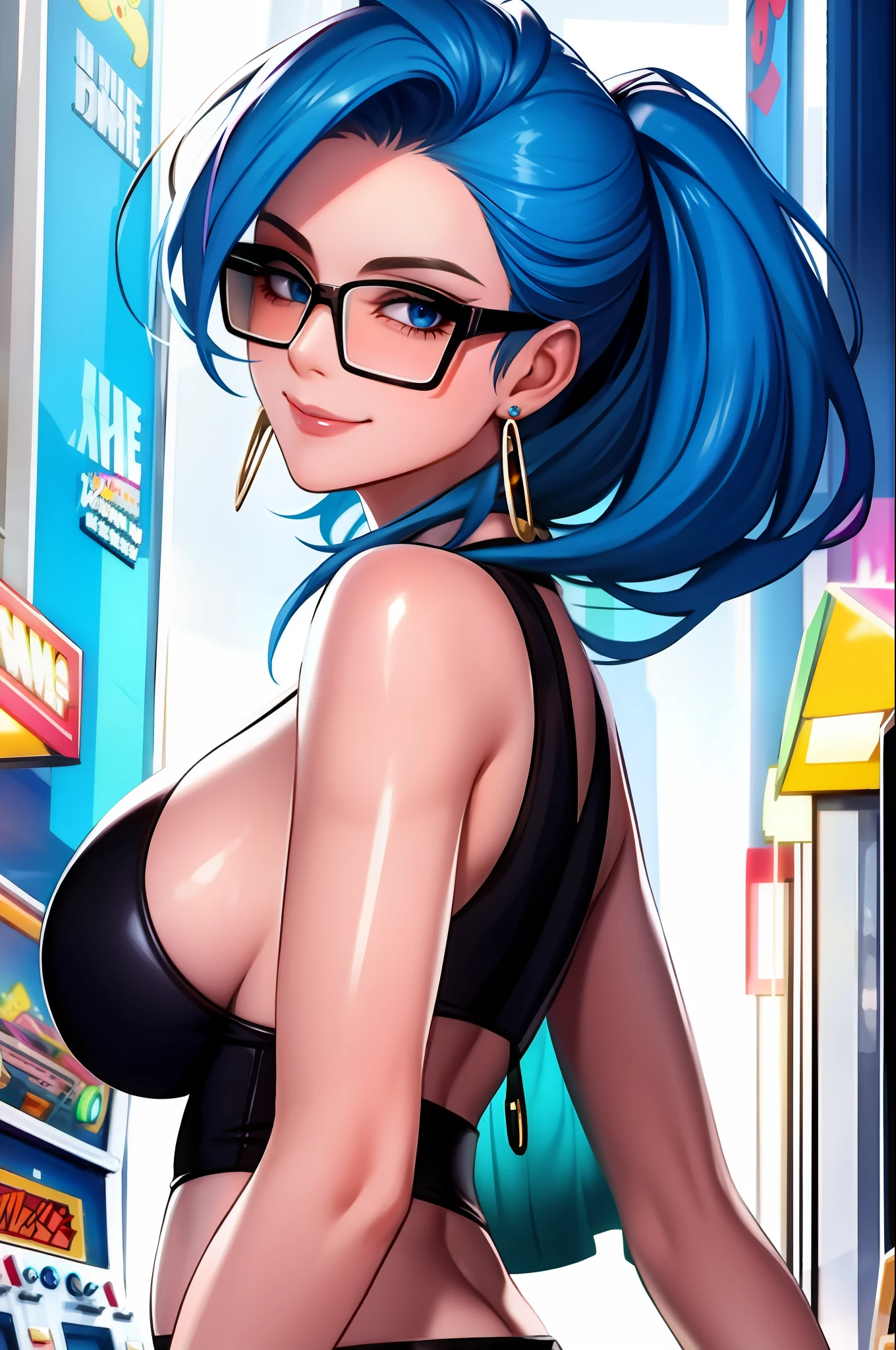 blue eyes, solo, sunglasses, blue hair, glasses on the head, looking at the viewer, smile, earrings, jewelry, looking back, upper body, closed mouth, Jinx arcade, huge breasts, shiny, shiny skin, mature female