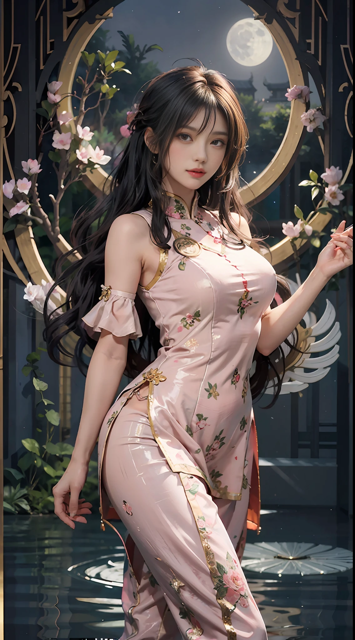 The art depicts a charming woman in a flowing, silky traditional oriental dress in pink, tight translucent trousers, decorated with intricate patterns and bright colors. Her dress drapes elegantly over her curvy figure, accentuating her seductive silhouette. She stands gracefully by the tranquil lotus lake, bathed in the soft glow of the moonlight.