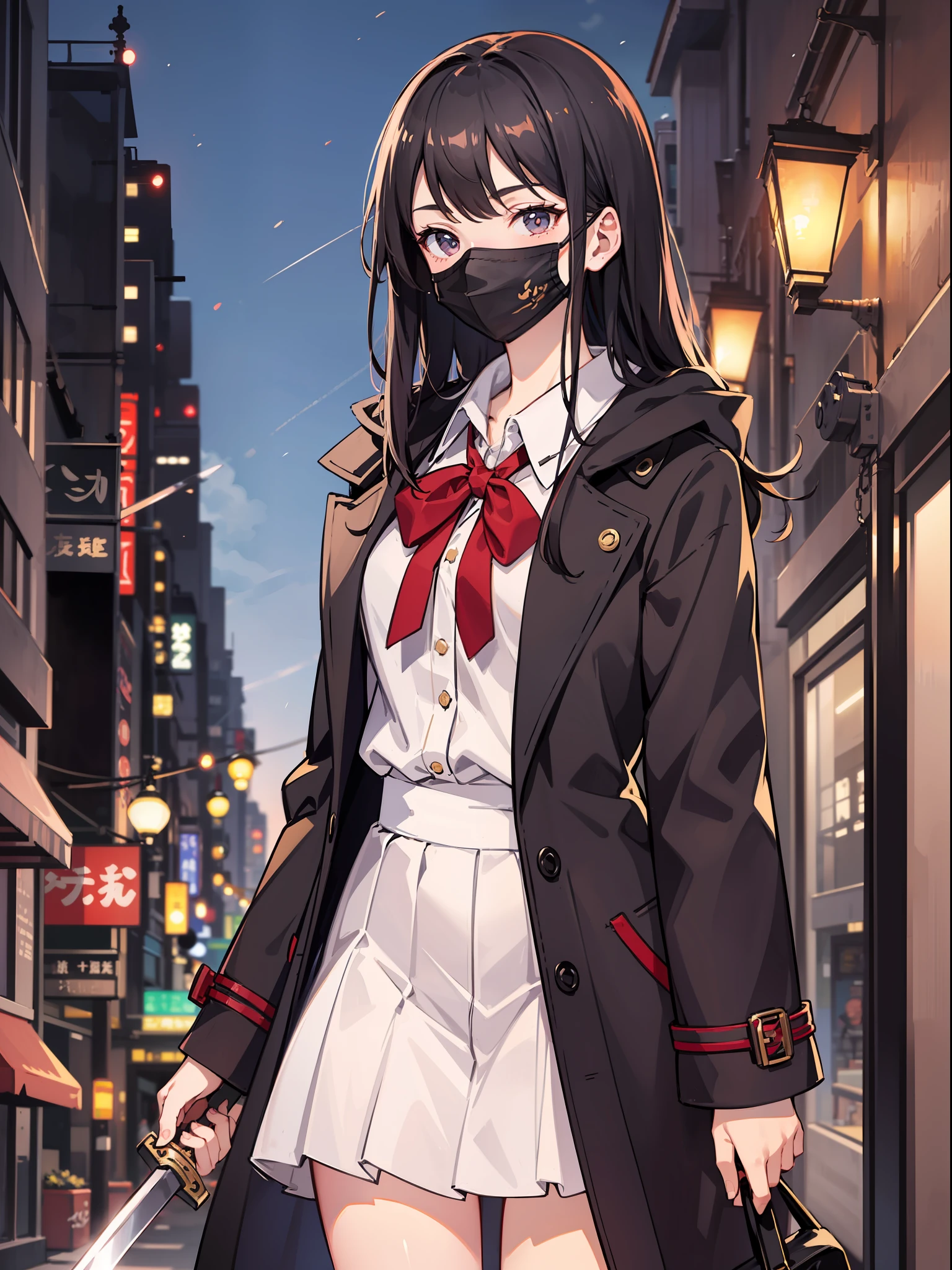 slender beautiful girl, schoolgirl, alone, mask, mask, high resolution, top quality, fine details, do not blush cheeks, knee high, holding a Japan sword in hand, long coat, night city