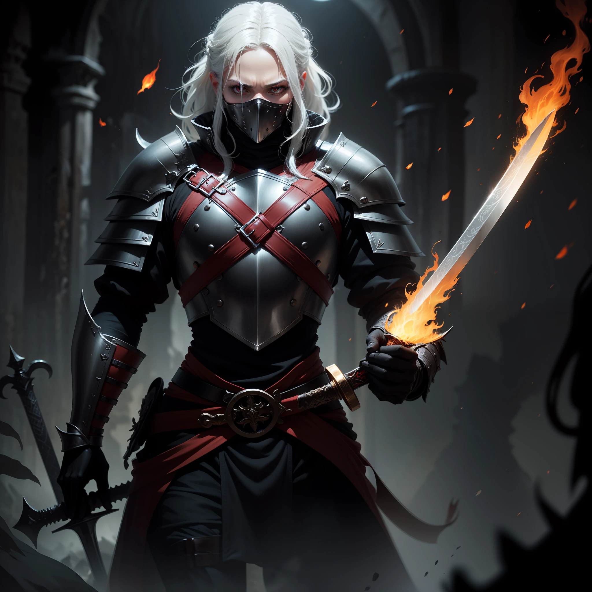 Holding a raised medieval sword, black armor burned by flames, white hair, red eyes, dark ambient light