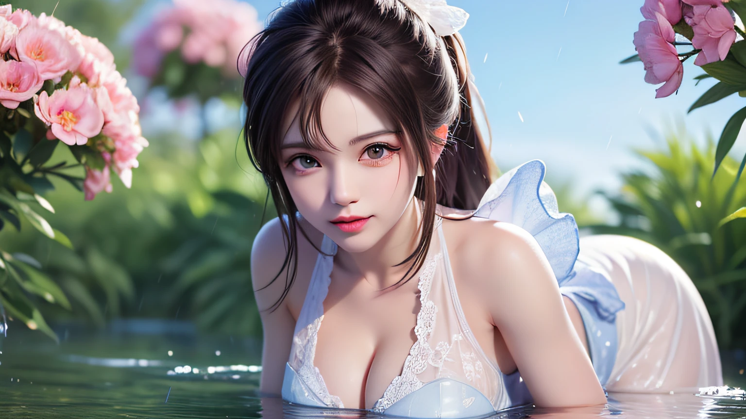 (8k, RAW photo: 1.2), top quality, ultra high resolution, (((cleavage coordination from head to bottom of chest)), dramatic angle, (pink petals flutter), (illustration), (1 girl)))), (long hair ponytail), (transparent white sheer lace dress)), beautiful face (light brown hair, blue eyes), (bright lip gloss, long eyelashes), Smooth) face, bright skin, natural shadows, wide light, wide light, depth of field, strong colors, subtle caustics: 0.8), smile, (big), (rain: 0.9), flower garden behind the girl, (focus), ((standing on the surface of the water)), (color splash), colorful splash, (colorful))), (sketch: 0.8), masterpiece, best quality, beautifully painted, highly detailed, (Denoise: 0.6), Splash Ink, (((Ink Refraction)), (Beautiful Detailed Sky), Highly Detailed, (Masterpiece, Best Quality, Highly Detailed) CG Unity 8k Wallpaper, Masterpiece, Best Quality, Ultra Detail), (Lycoris radiata)