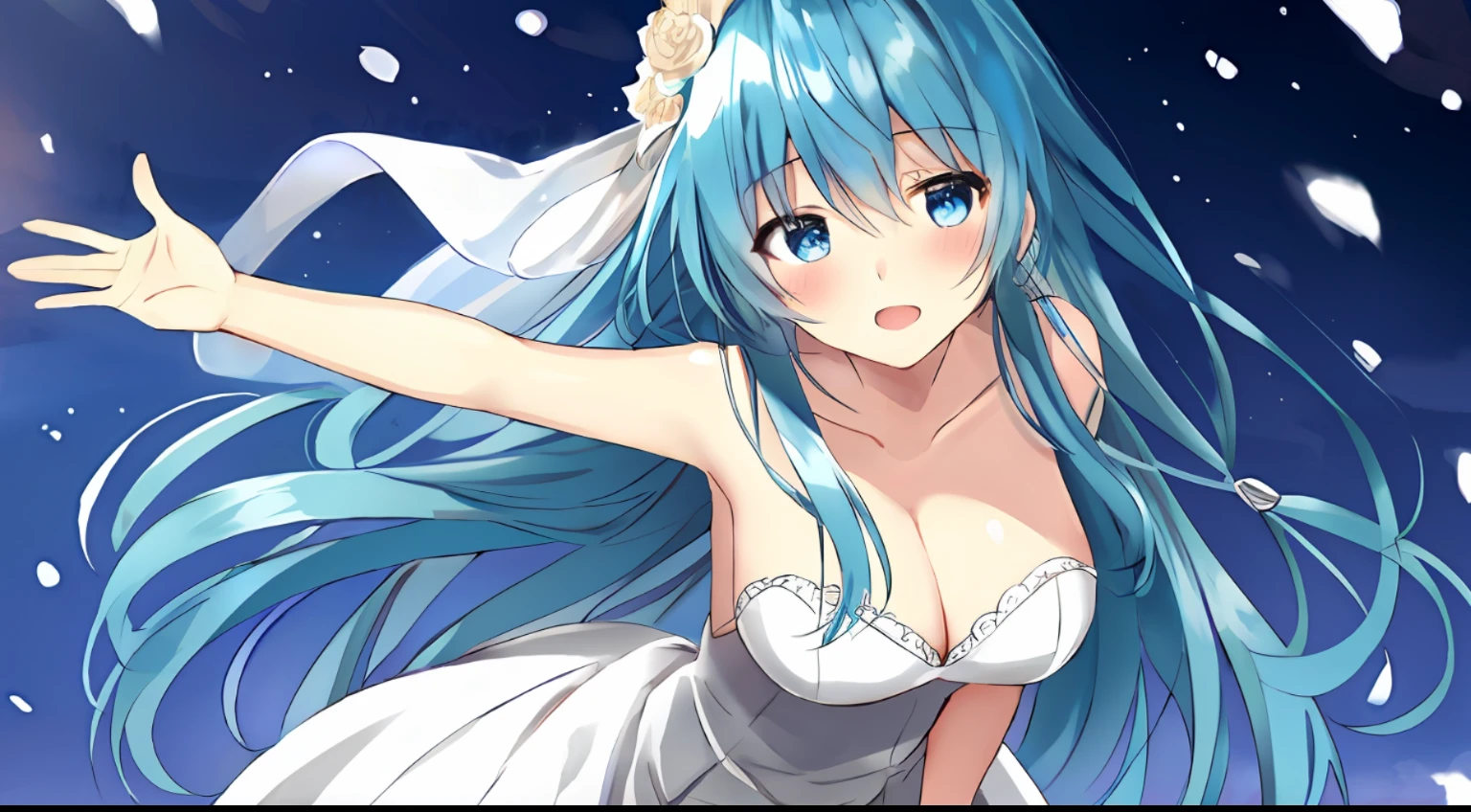 (Masterpiece: 1.5), Best Quality, Beautiful and Detailed Anime Face, Perfect Anatomy, Dynamic Pose, Eria Ygo, 1girl, Solo, Long Hair, Blushing, Open Mouth, Landscape, Wedding Dress, Cleavage, Big Breasts