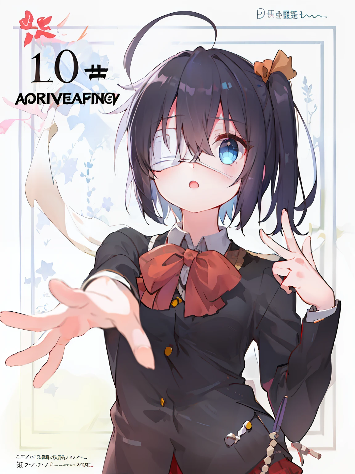high res, masterpiece,Rikka Takanashi, black hair, solo, 1girl,outside,deatailed background, detailed eyes, ((blue eyes)), eyepatch