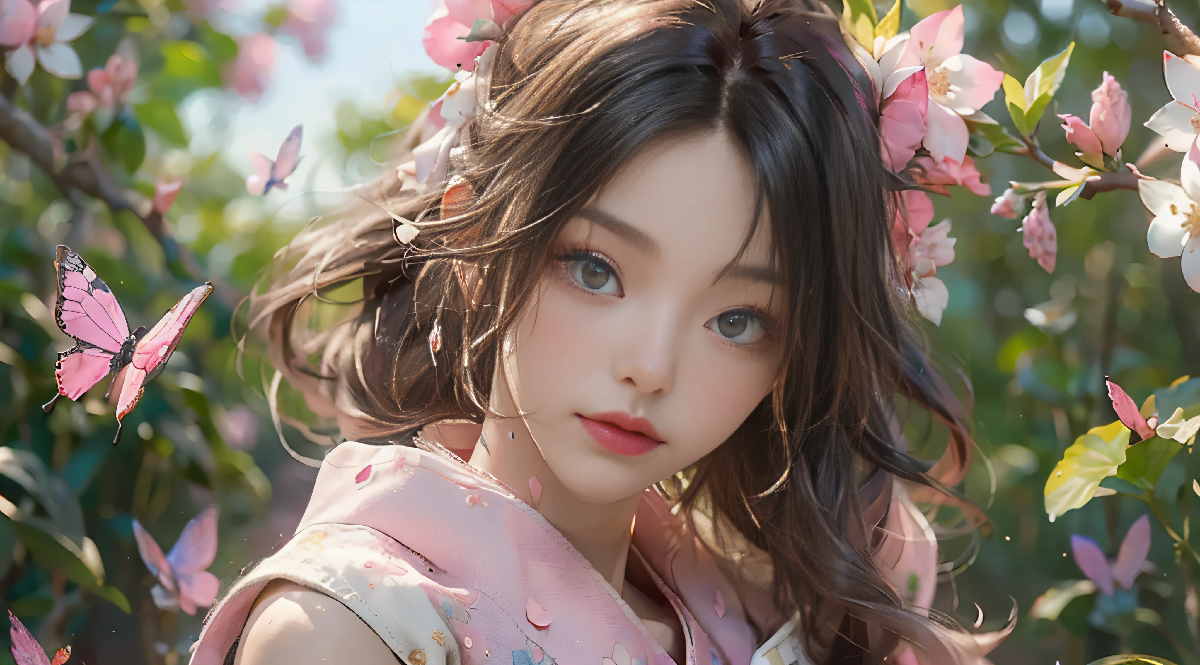 ((Best Quality)), ((Masterpiece)), (Detail: 1.4), 3D, Beautiful Cyberpunk Female Image, HDR (High Dynamic Range), Ray Tracing, NVIDIA RTX, Super Resolution, Unreal 5, Subsurface Scattering, PBR Texture, Post-Processing, Anisotropic Filtering, Depth of Field, Maximum Sharpness and Sharpness, Multi-layer Texture, Albedo and Highlight Mapping, Surface Coloring, Mitsu-Accurate Simulation of Material Interactions, Perfect Proportions, Octane Rendering, Two-color Light, Large Aperture, Low ISO, white balance, regular three-point, 8K RAW, beautiful bright pupils, flowing robe, fine pupils, delicate face and eyes, long eyelashes, blush, fluffy hair, pink lips, pure, cute, sweet girl, cherry blossom petals falling, butterflies, high-class sense