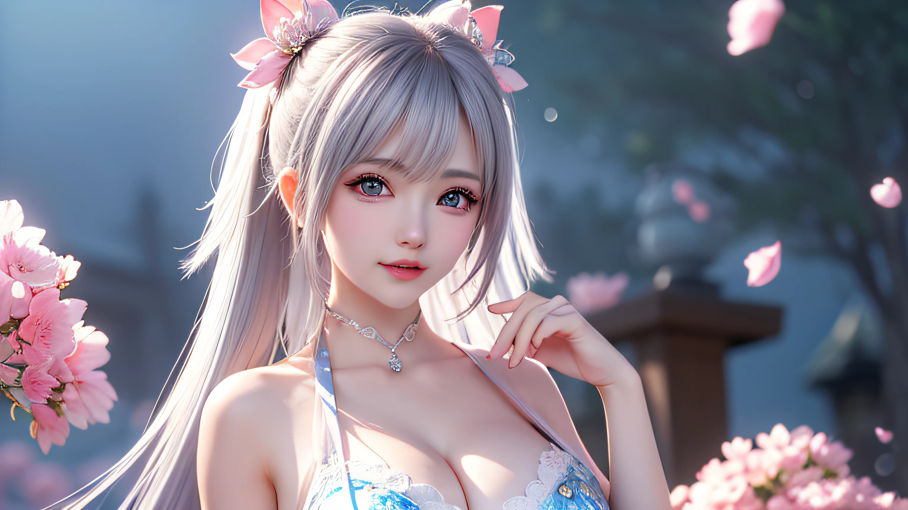 (8k, RAW photo: 1.2), highest quality, ultra high resolution, (((cleavage coordination from head to bottom of chest)), dramatic angle, (pink petals fluttering), (illustration), (1 girl))), (long hair ponytail), (transparent white sheer lace dress)), beautiful face (silver hair, blue eyes), (bright lip gloss, long eyelashes, smooth) face, Light skin, natural shadows, wide light, wide light, depth of field, strong colors, subtle caustics: 0.8), smile, (big), (rain: 0.9), behind the girl is Hanazono, (focus), ((standing on the surface of the water)), (color splash), colorful splash, ((colorful))), (sketch: 0.8), masterpiece, best quality, beautifully painted, highly detailed, (denoise: 0.6), [Splash Ink], (Ink Refraction)), (Beautiful Detailed Sky), Highly Detailed, (Masterpiece, Best Quality, Highly Detailed) CG Unity 8k Wallpaper, Masterpiece, Best Quality, Ultra Detail), (Lycoris radiata)