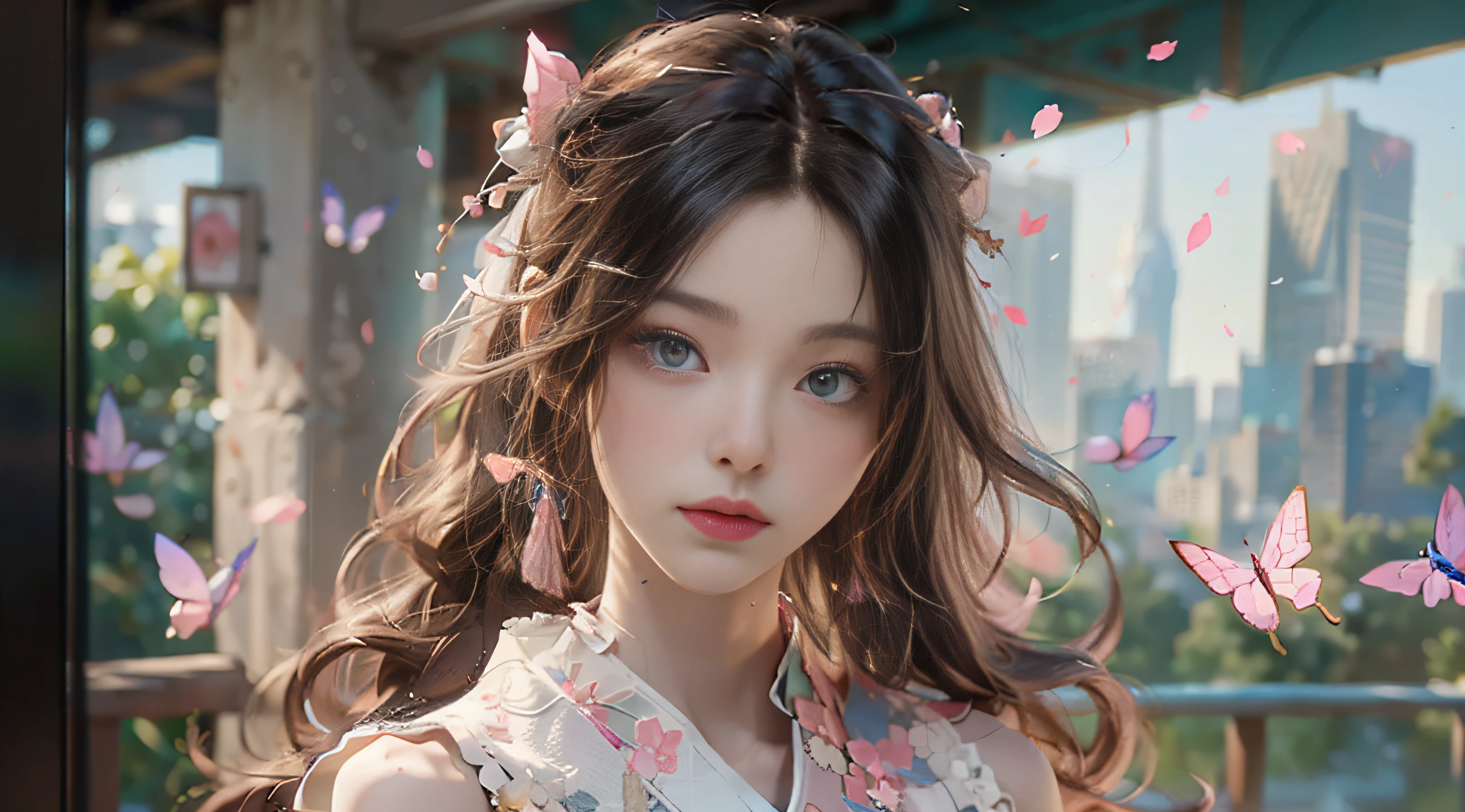 ((Best Quality)), ((Masterpiece)), (Detail: 1.4), 3D, Beautiful Cyberpunk Female Image, HDR (High Dynamic Range), Ray Tracing, NVIDIA RTX, Super Resolution, Unreal 5, Subsurface Scattering, PBR Texture, Post-Processing, Anisotropic Filtering, Depth of Field, Maximum Sharpness and Sharpness, Multi-layer Texture, Albedo and Highlight Mapping, Surface Coloring, Mitsu-Accurate Simulation of Material Interactions, Perfect Proportions, Octane Rendering, Two-color Light, Large Aperture, Low ISO, white balance, regular three-point, 8K RAW, beautiful bright pupils, flowing robe, fine pupils, delicate face and eyes, long eyelashes, blush, fluffy hair, pink lips, pure, cute, sweet girl, cherry blossom petals falling, butterflies, high-class sense