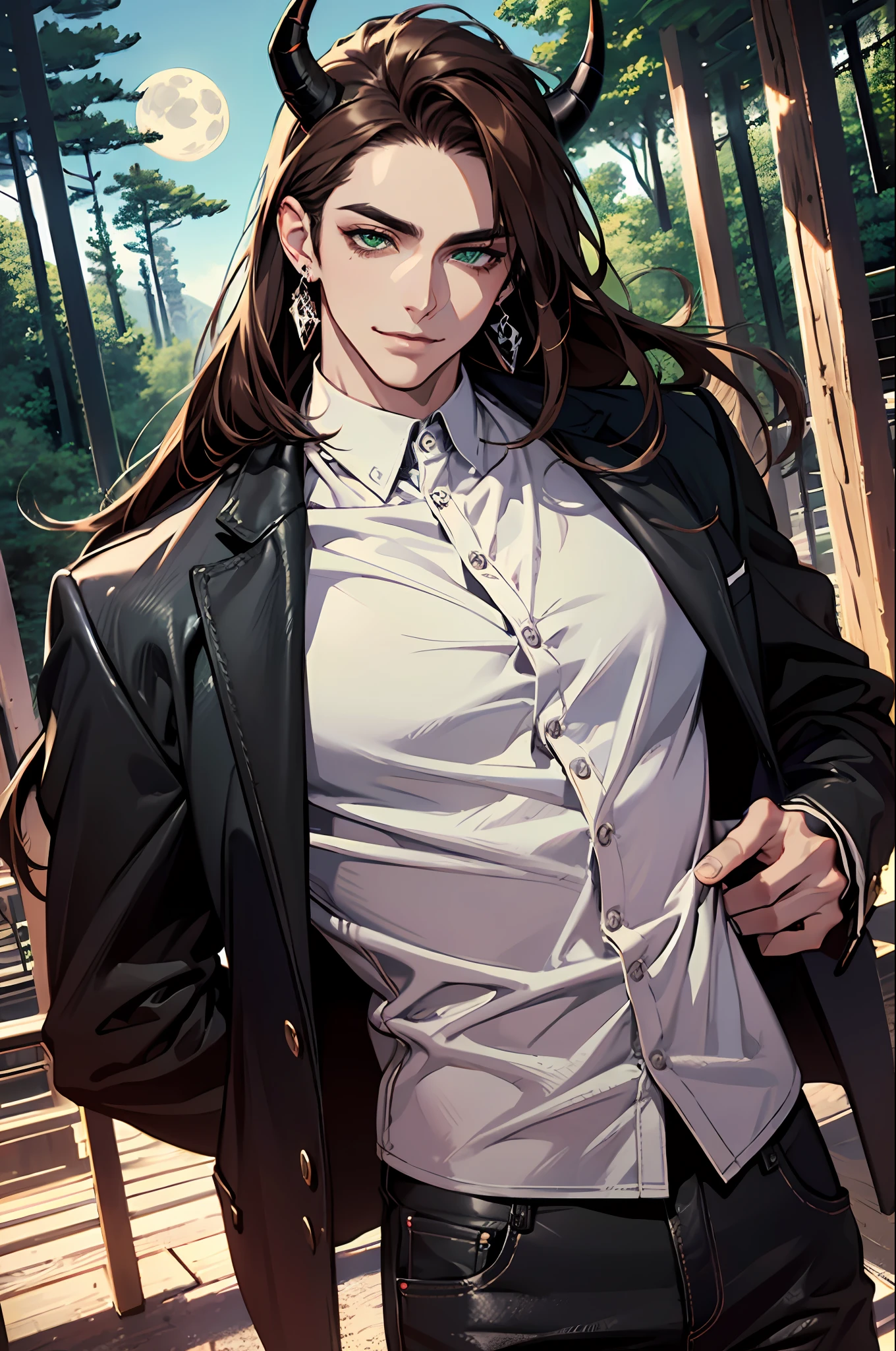 (absurdres, highres, ultra detailed), 1man, 30 years old man, adult man, handsome, tall,, finely detailed eyes and detailed face, black leather pants, white shirt, night, smile, dutch angle, ((long hair, brown hair)), (((little black horns))), moon, forest, silver earrings, gothic, dark, looking at the view, pale skin, green detailed eyes, eyeliner,(((open chest))), (masculine), sexy, smirk, seductive, slightly muscular, very attractive, flirtatious