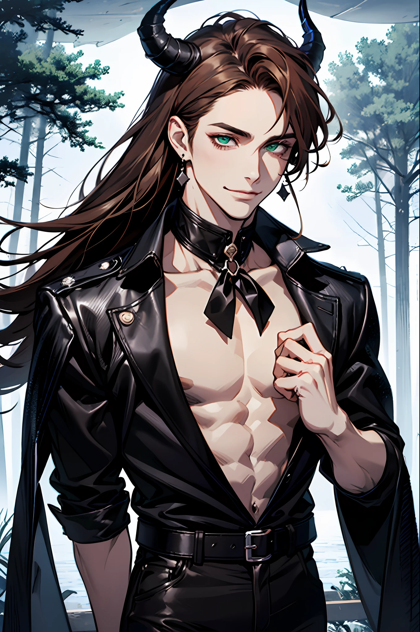 (absurdres, highres, ultra detailed), 1man, 30 years old man, adult man, handsome, tall,, finely detailed eyes and detailed face, black leather pants, white shirt, night, smile, dutch angle, ((long hair, brown hair)), (((little black horns))), moon, forest, silver earrings, gothic, dark, looking at the view, pale skin, green detailed eyes, eyeliner,(((open chest))), (masculine), sexy, smirk, seductive, slightly muscular, very attractive, flirtatious