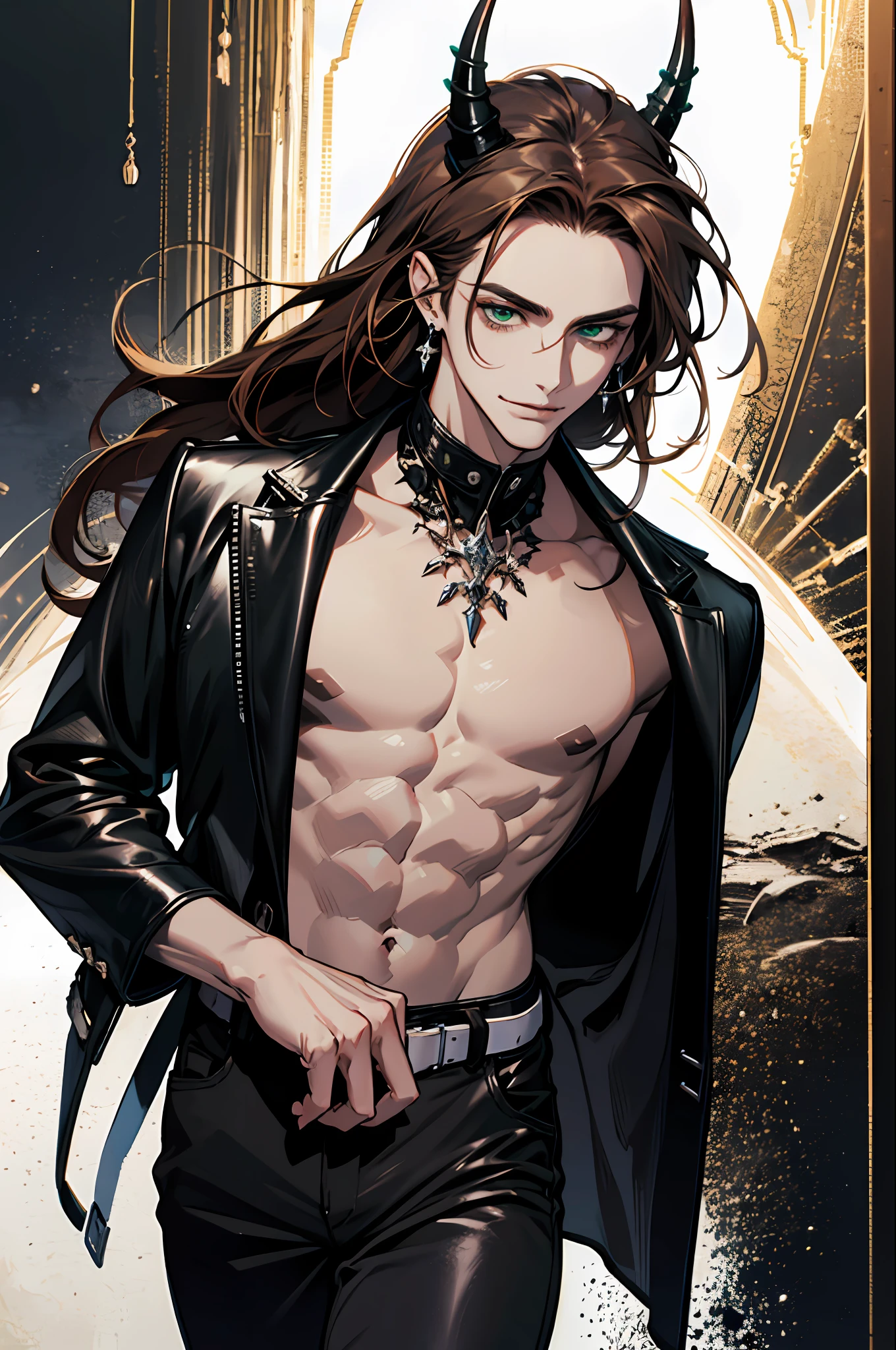 (absurdres, highres, ultra detailed), 1man, 30 years old man, adult man, handsome, tall,, finely detailed eyes and detailed face, black leather pants, white shirt, night, smile, dutch angle, ((long hair, brown hair)), (((little black horns))), moon, forest, silver earrings, gothic, dark, looking at the view, pale skin, green detailed eyes, eyeliner,(((open chest))), (masculine), sexy, smirk, seductive, slightly muscular, very attractive, flirtatious