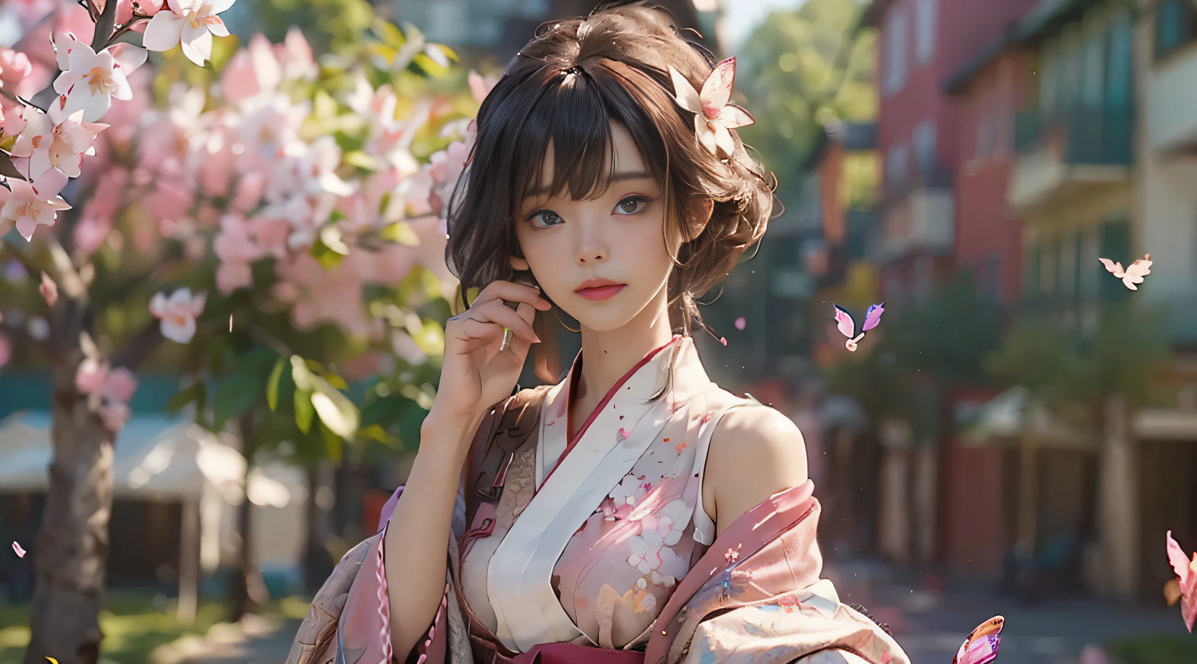 ((Best Quality)), ((Masterpiece)), (Detail: 1.4), 3D, Beautiful Cyberpunk Female Image, HDR (High Dynamic Range), Ray Tracing, NVIDIA RTX, Super Resolution, Unreal 5, Subsurface Scattering, PBR Texture, Post-Processing, Anisotropic Filtering, Depth of Field, Maximum Sharpness and Sharpness, Multi-layer Texture, Albedo and Highlight Mapping, Surface Coloring, Mitsu-Accurate Simulation of Material Interactions, Perfect Proportions, Octane Rendering, Two-color Light, Large Aperture, Low ISO, white balance, regular three-point, 8K RAW, beautiful bright pupils, flowing robe, fine pupils, delicate face and eyes, long eyelashes, blush, fluffy hair, pink lips, pure, cute, sweet girl, cherry blossom petals falling, butterflies, high-class sense