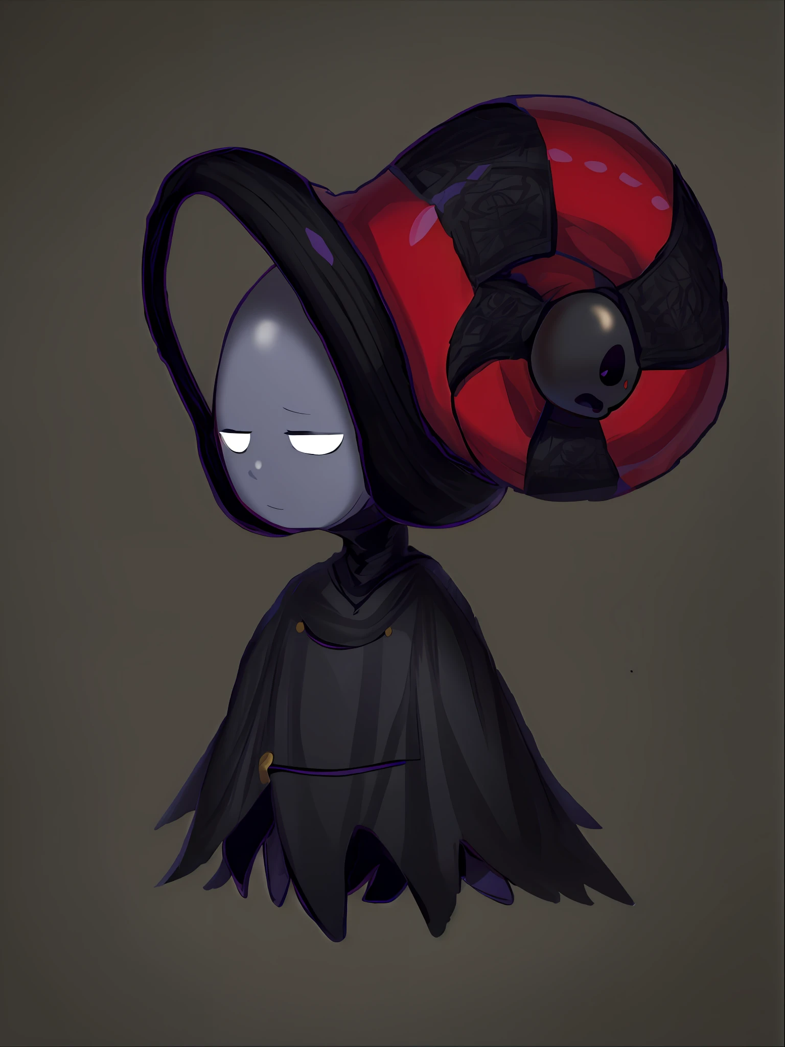 A cartoon drawing of a woman with a red hat and black cape, Itatchi Uchi Pokémon conceptual mystery, dark dress, Hollow Knight wasp, dark hooded Wraith, Joe Biden as a hooded bow wizard, mysterious black slime, faceless, dark dark, dark witch character, chibi, humanoid form, yokai, mystery pokemon