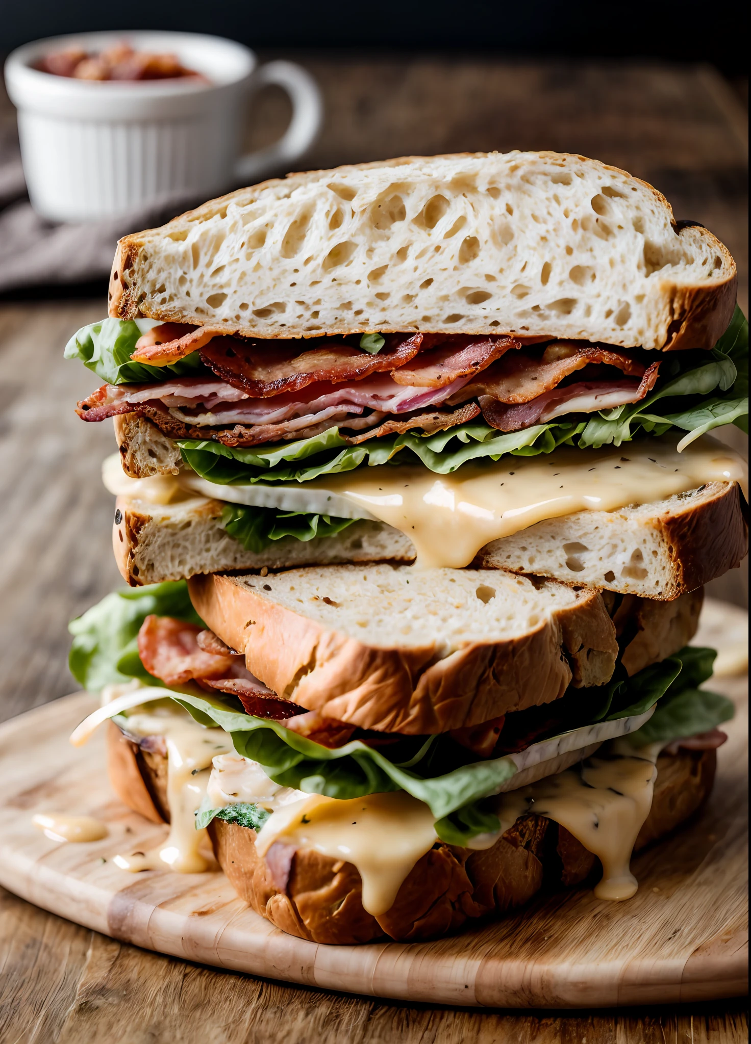 RAW photo of a BLT sandwich with extra bacon, (rustic diner background), seed bread, pepper jack cheese, (intricate details:1.12), (intricate details, hyperdetailed:1.15), photorealistic, ultra-realistic photo, 8k uhd, dslr, soft lighting, high quality, film grain, Fujifilm XT3, (masterpiece)
